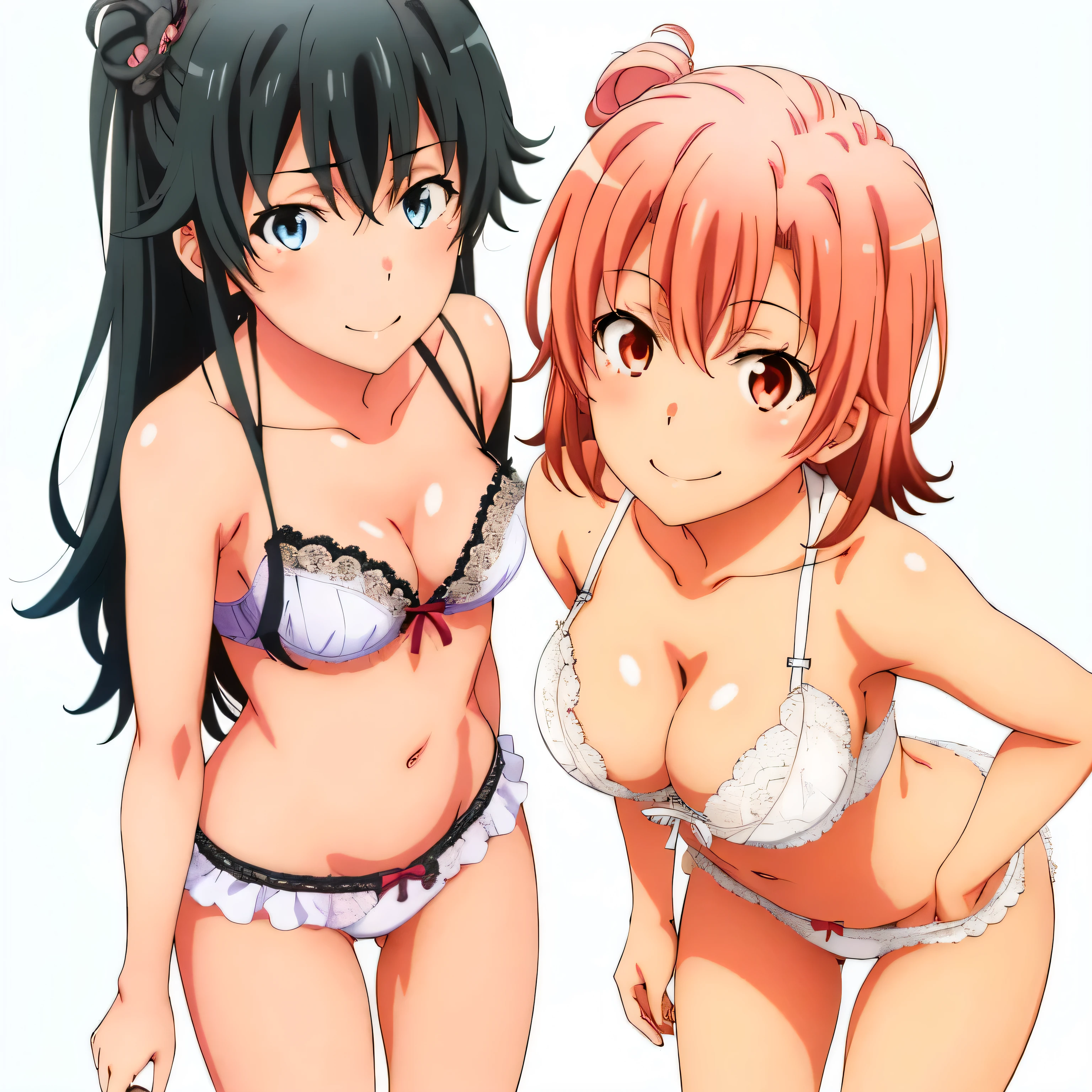 2 girls , Yukinoshita Yukino , yuigahama yui'My chest, pussy, My butt is also in good shape.., ,No background , body facing forward,bra,belly button,pink silk panties,white silk panties,Pussy cameltoe,thighs,knees,(high angle),open your mouth,smile,looking at the camera,beautiful eyes,Clear eye color,