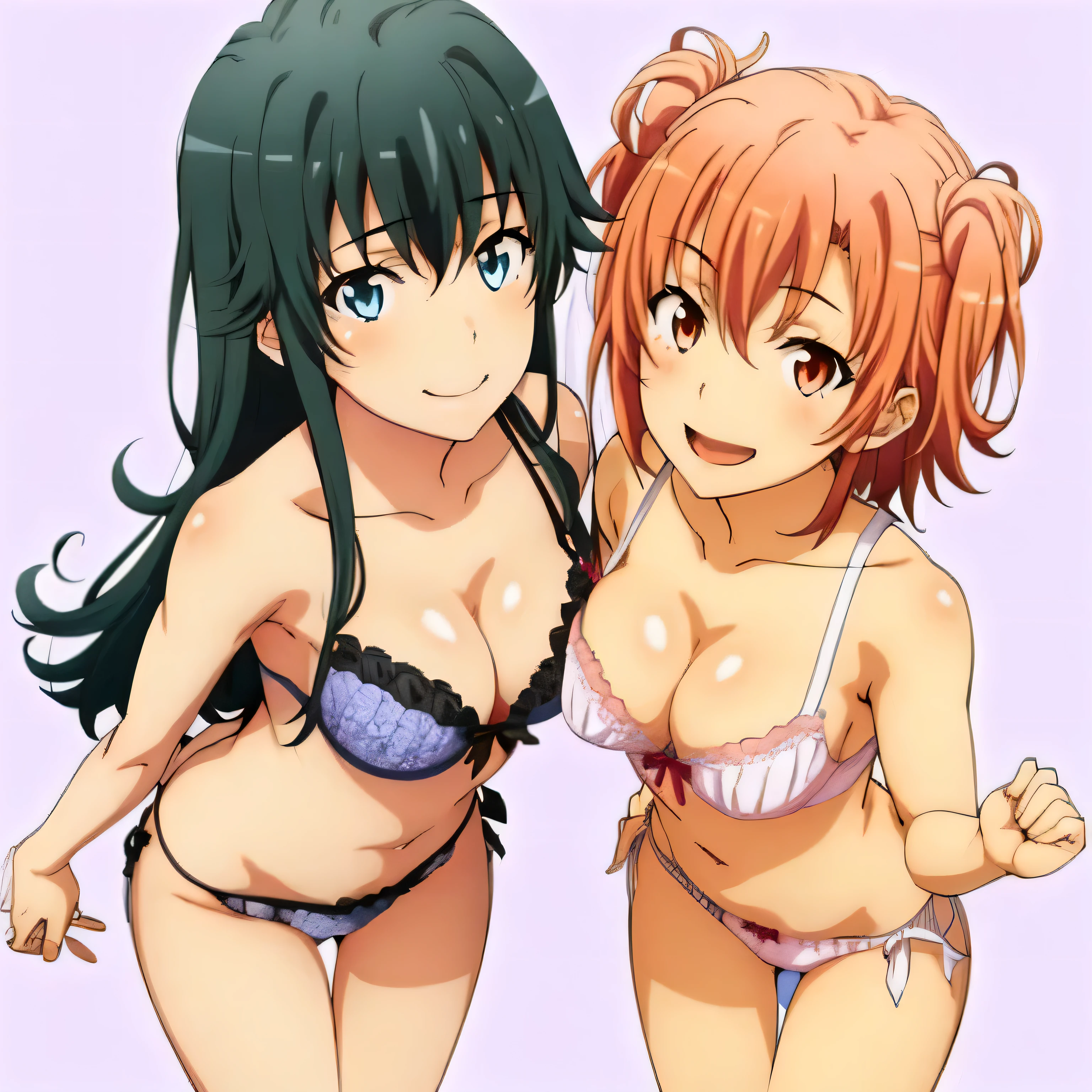 2 girls , Yukinoshita Yukino , yuigahama yui'My chest, pussy, My butt is also in good shape.., ,No background , body facing forward,bra,belly button,pink silk panties,white silk panties,Pussy cameltoe,thighs,knees,(high angle),open your mouth,smile,looking at the camera,beautiful eyes,Clear eye color,