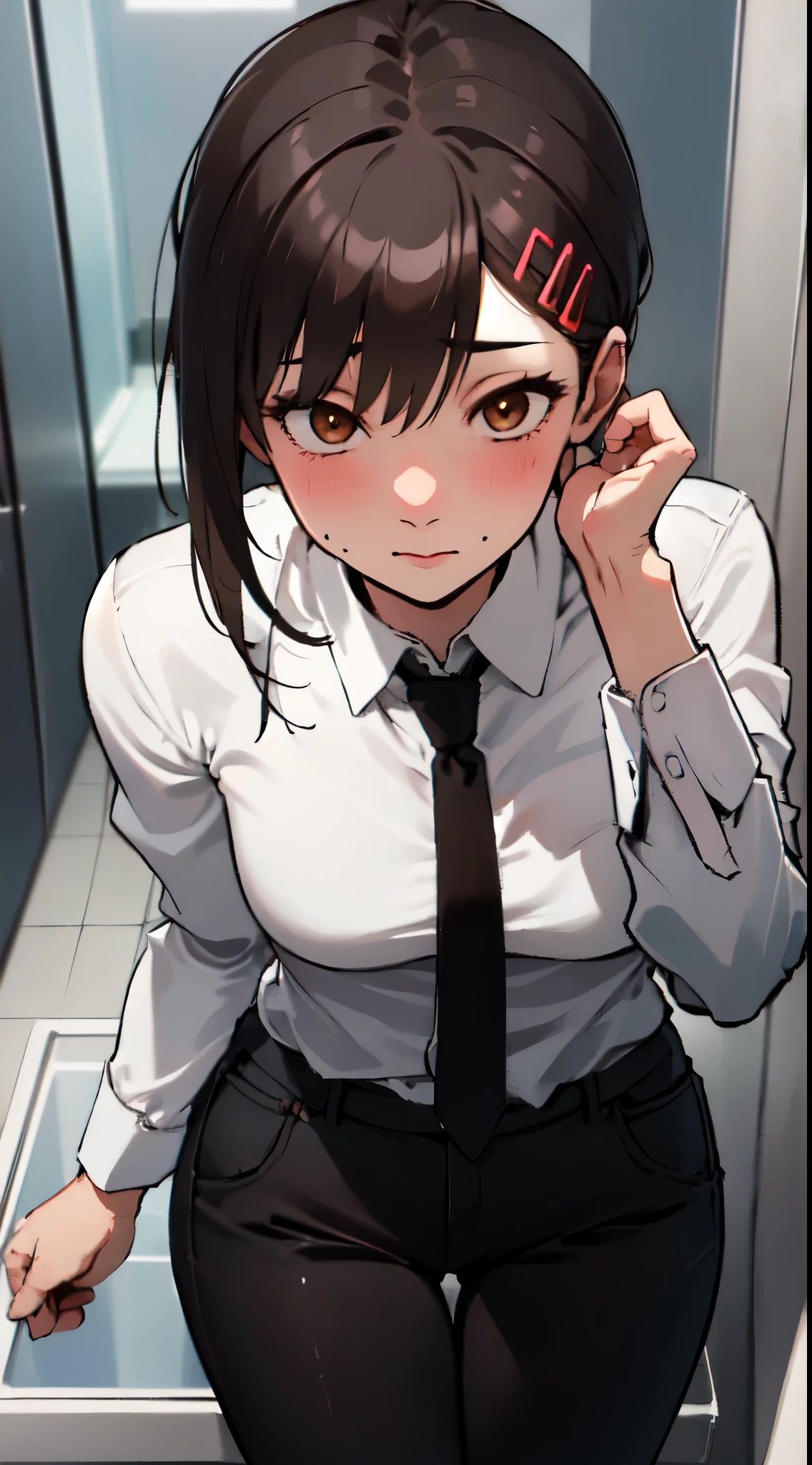 (masterpiece), (best quality), 1girl, ggas_kobeni, brown hair, hairclip, neutral expression, detailed face,  looking at viewer, masterpiece, highres, original, extremely detailed wallpaper, (ultra-detailed), (best illustration), (best shadow), (realism), small breasts, perky breasts, business suit,  yandere, blushing, black blazer, black necktie, white collared shirt, (brown eyes), really attractive, cute, hot, sexy, pawg, booty out, black pants, voluptuous, seductive, beautiful, thicc thighs, 1girl, innocent, 8k upscale, kobeni Higashiyama,