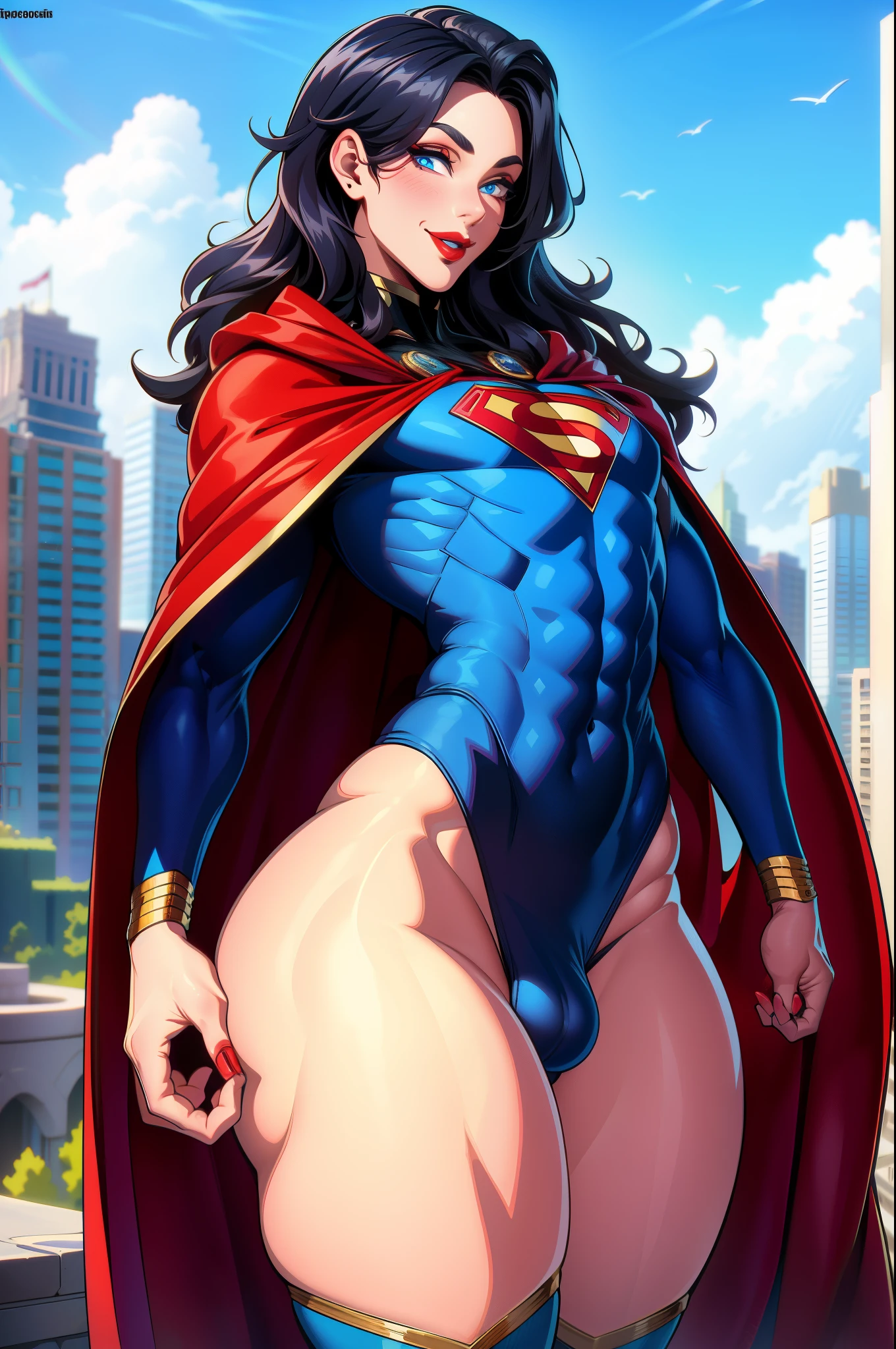 (extremely detailed CG unity 4k wallpaper),(masterpiece),(best quality),(ultra-detailed),(best illustration),(best shadow),(absurdres),(detailed background), CFemboy, Detailed face, Detailed hair, cute Femboy Superman, Smiling cutely and flying above the city, Red cape, long black hair, blue eyes, bulge, Cute, Superman costume, Thick thighs, Big ass, Fully covered, Black Eyeshadow, Red lipstick, posing cutely, Slim toned build,