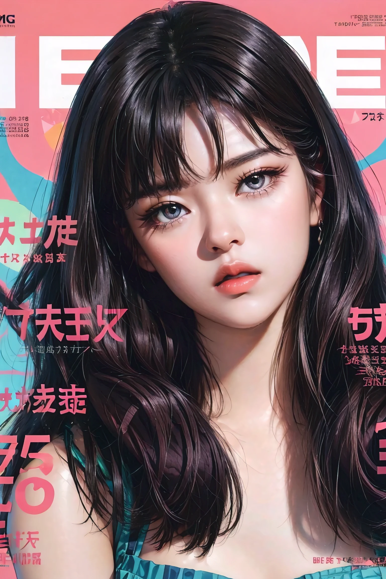 (magazine cover:1.3), "FACE", photorealistic, lip gloss, painting, realistic, best quality, ultra high resolution, depth, pastel color, natural shading, focus on face, face only, looking at viewer, long hair, hair accessory, black hair, brown and well detailed eyes, Dress