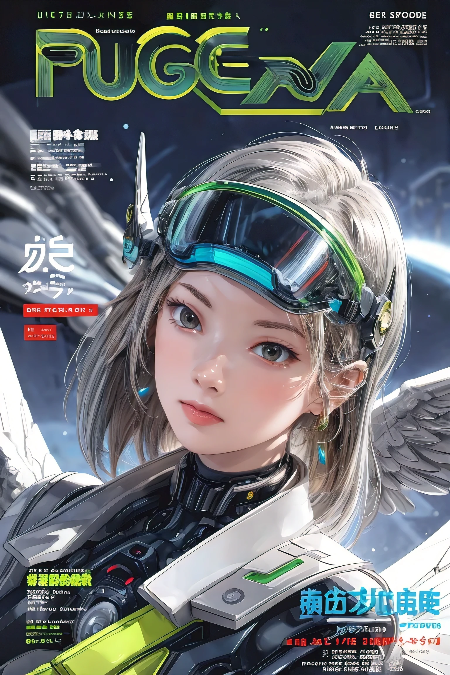 masterpiece, (best quality), (ultra-detailed), (ultra-realistic:1.2), landscape, sci-fi, transistorpunk, cyberpunk, biopunk, (magazine cover:1.4), (gray, white), female robot, visor, earring, mechanical angel wings on the back, angel wings, future town, dynamic pose, dynamic angle, luxury, (gold, silver, green), neon