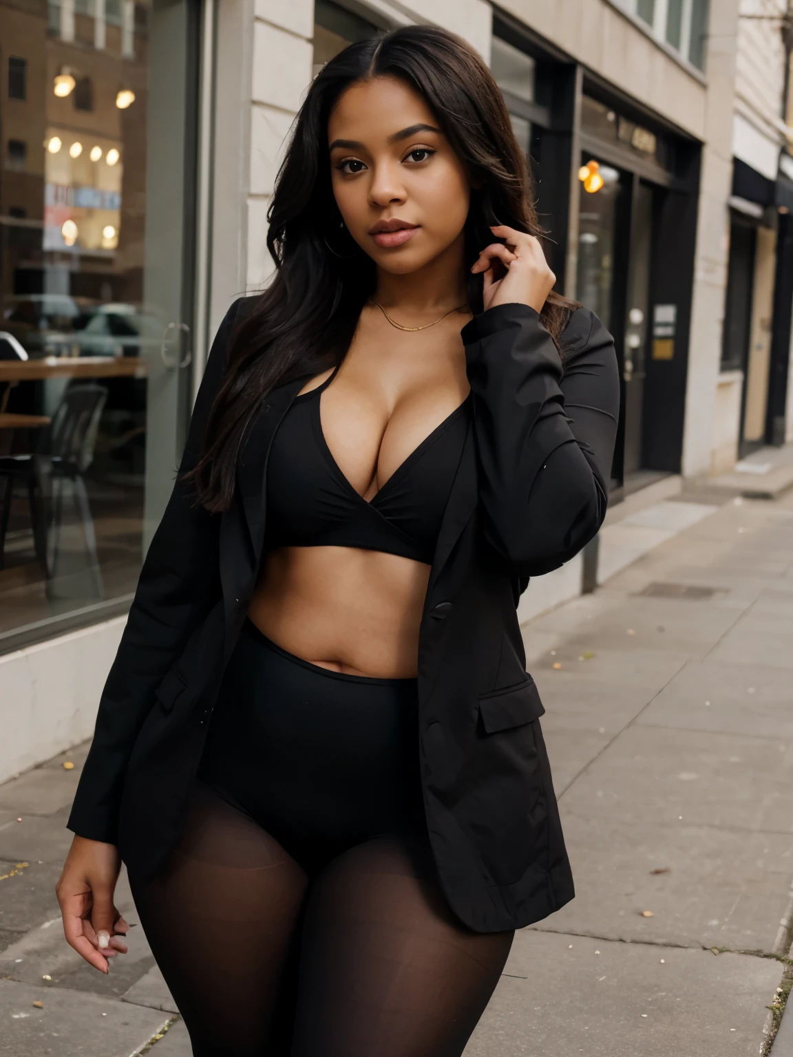 Mixed black ethnicity, curvy girl ,wearing black blazer and tights , long hair