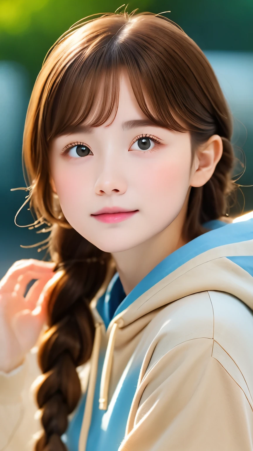 one girl、((smile:0.1))、pretty girl、dark beige hair、baby face、young、delicate girl、Braid、Upper body、small breasts、unreasonable precision、Super detailed、blue shirt、Layering、light orange hoodie、completely flat、Honesty、thin arms, professional lighting, film grain, chromatic aberration, (Eye and face details:1.0), (Bokeh:1.1)、software:1.5)))、 highest quality, 8K, 14 years,