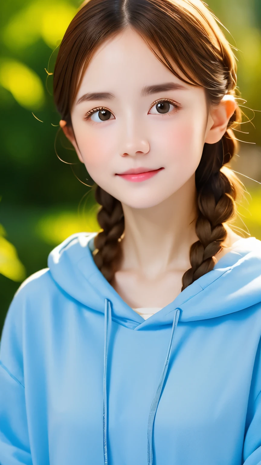one girl、((smile:0.1))、pretty girl、dark beige hair、baby face、young、delicate girl、Braid、Upper body、small breasts、unreasonable precision、Super detailed、blue shirt、Layering、light orange hoodie、completely flat、Honesty、thin arms, professional lighting, film grain, chromatic aberration, (Eye and face details:1.0), (Bokeh:1.1)、software:1.5)))、 highest quality, 8k, 14 years,