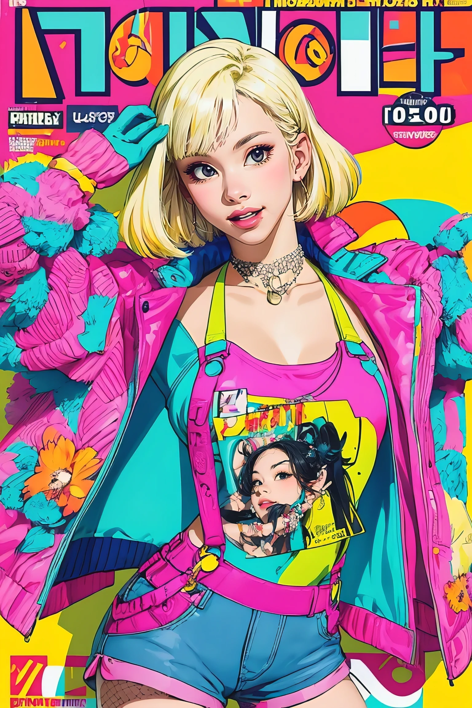 1girl, sfw, cap, shorts, jacket, (Magazine cover-style illustration of a fashionable woman in a vibrant outfit posing in front of a colorful and dynamic background. She has a confident expression and is striking a pose. The text on the cover should be bold and attention-grabbing, with the title of the magazine and a catchy headline. The overall style should be modern and trendy, with a focus on fashion and lifestyle), wallpaper, crowds, fashion, contrapposto, female focus, model, cool