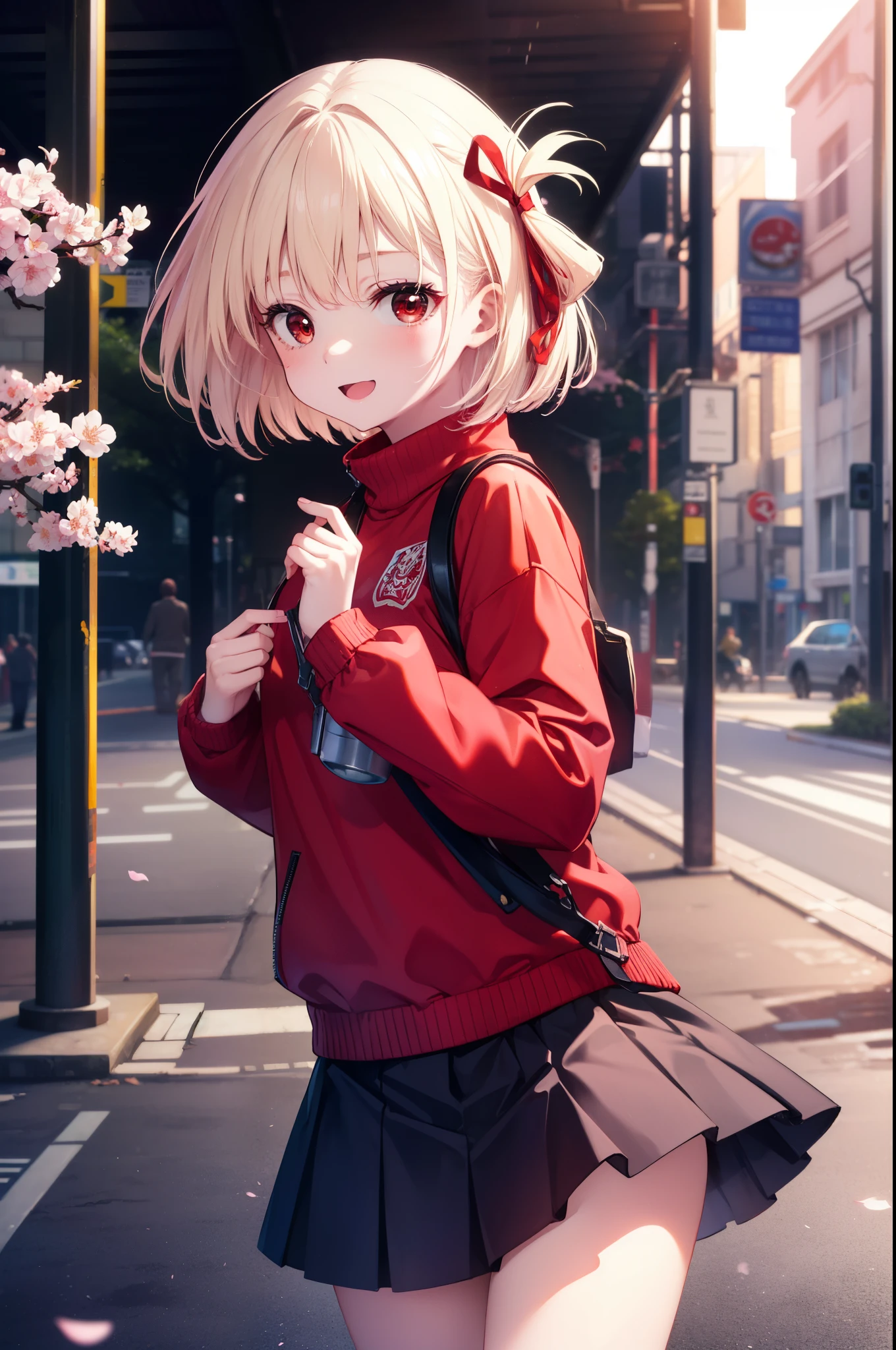 chisatonishikigi, nishikigi chisato, short hair, bangs, blonde hair, (red eyes:1.5),happy smile, smile, open your mouth,skirt, , hair ribbon, one side up, bob cut,riders jacket,sweater,Leather pan,short boots,両腕で教科書を持ってThere is,spring,The cherry blossoms are scattered,There is,桜が咲いてThere is,
break outdoors,University　school building,
break looking at viewer, (cowboy shot:1.5),
break (masterpiece:1.2), highest quality, High resolution, unity 8k wallpaper, (shape:0.8), (fine and beautiful eyes:1.6), highly detailed face, perfect lighting, Very detailed CG, (perfect hands, perfect anatomy),
