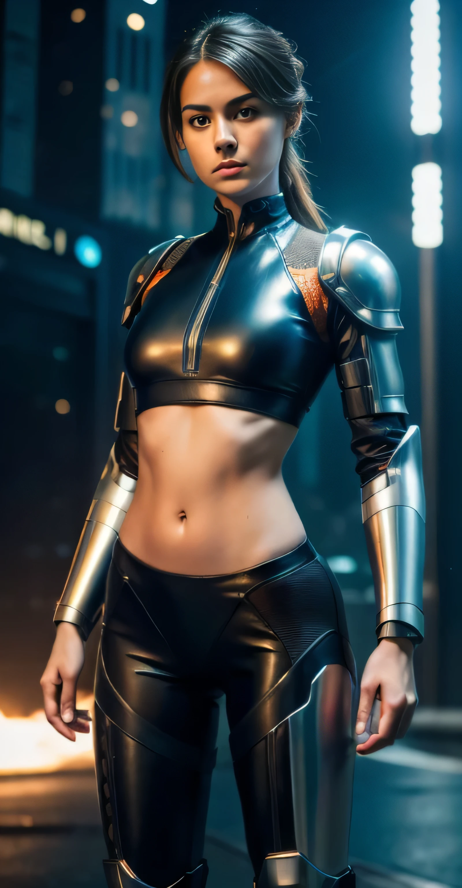 ((masterpiece, 8K, 3D, Realistic, Super Detail)), (1girl:1.3), slender 17 age, Ultra Micro photography, Super realistic, Perfect face, Beautiful features, ((Perfect female body)) Beautiful features, ( body), ((small hip)), Shailene Woodley as (((2 piece Bikini))), Sci-fi futuristic cyberpunk ((bionic orange chest metal armor suit)), Futuristic soldier, ((Exposed thigh)), Exposed Skin, Front Full body Shot, full body portrait, futuristic city background
