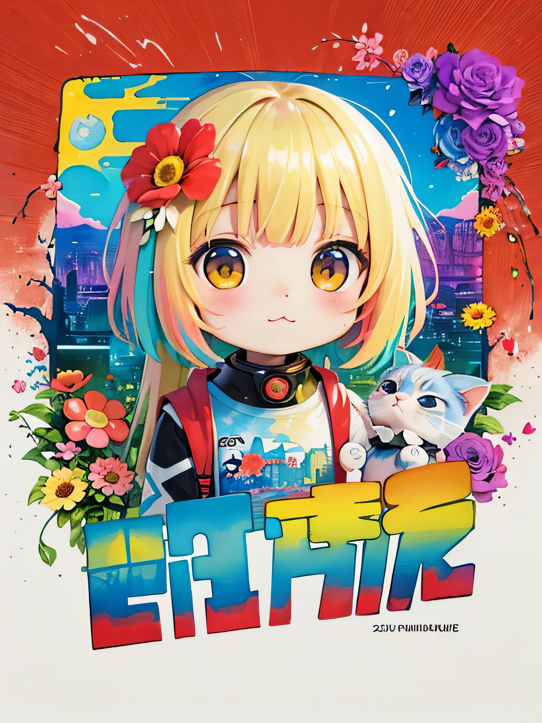 8K quality, Takashi murakami'illustration of, intense watercolor, watercolor detailed art, watercolor splash, surreal, avant-garde pop art, Beautiful and expressive paintings, 美しいアートワークillustration of, very colorful tones, wonderful, cool beauty, highest quality,official art, vector art,stylish design, (((Chibi)))、(((1 cute kitten))), (((highest quality))), HDR, ((Detailed details)), (((graffiti art))), ((masterpiece))、((Super detailed))、(((colorful flowers)))、(((Futuristic city on Mars)))