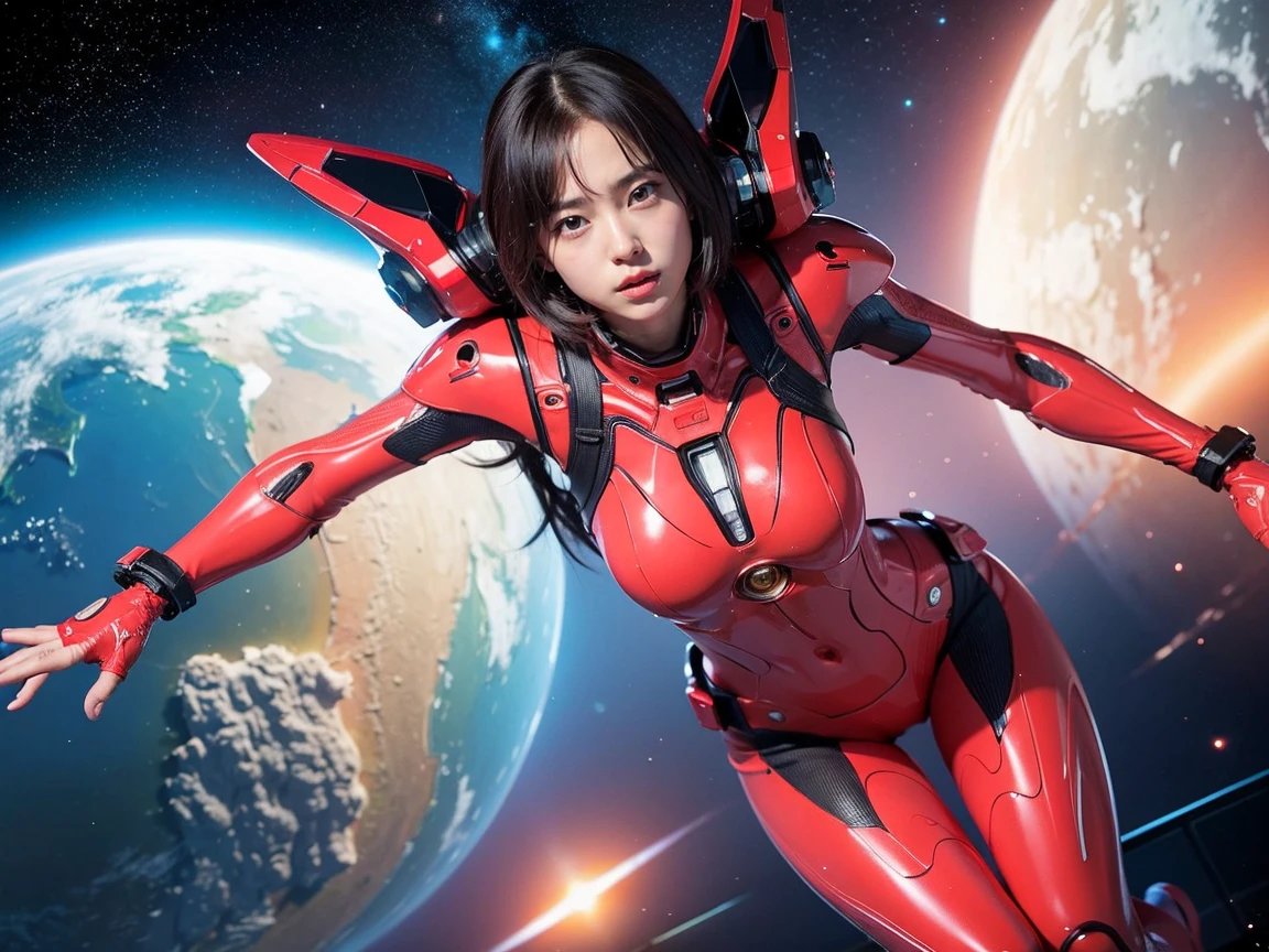 (Raw photo, highest quality), (realistic, Photoreal:1.3), 1 girl、realisticbody、strawberry battle suit costume、Flying in space、avoid missiles、action pose！、crack in costume
