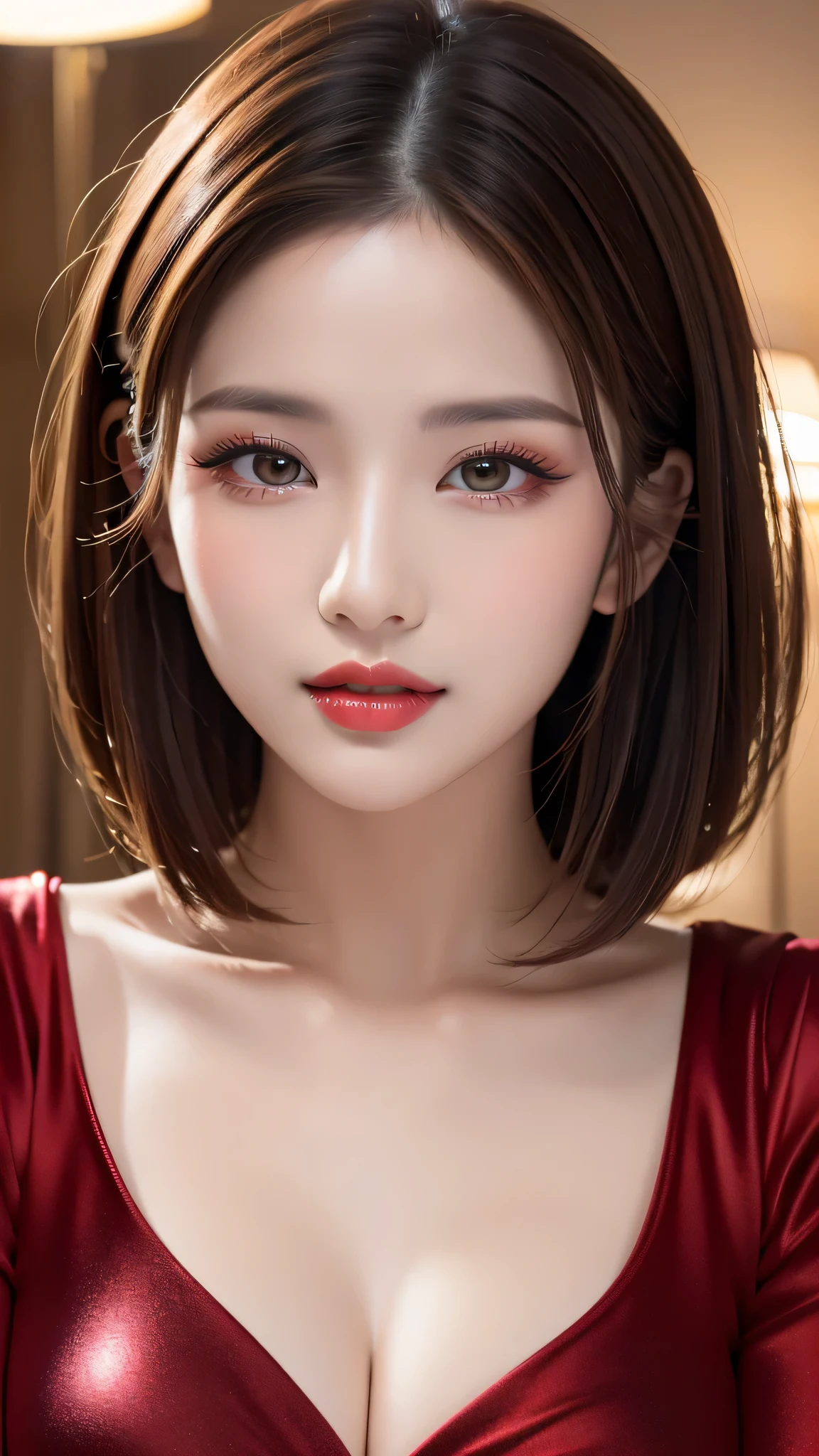 (highest quality、table top、8K、best image quality、Award-winning work)、(one young girl, ************:1.3)、(Perfect V-neck red long knit sweater:1.2)、(red eyeshadow:1.2)、perfect makeup、long eyelashes、Super high-definition sparkling eyes、ultra high definition hair、ultra high resolution glossy lips、Super high resolution perfect teeth、Super high resolution cute face、brown hair、(very short straight hair:1.1)、look at me and smile、[clavicle]、accurate anatomy、(close up of face:1.5)、Luxury love hotel、(The most moody warm lighting:1.2)、blurred background、With bangs、Super high-resolution glossy and moisturized face、Super high resolution glowing skin、most detailed face、Ultra high resolution detailed faces、ultra high resolution hair、Super high resolution sparkling eyes、Beautiful face drawn in every detail、Super high resolution glossy red lips、big breasts