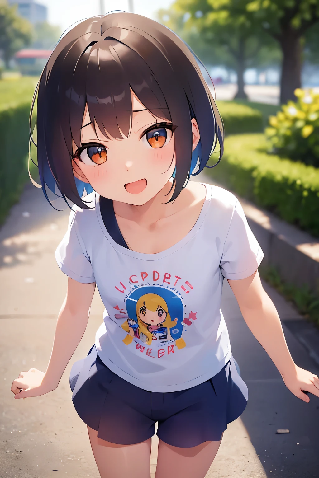 、bob cut, masterpiece、highest quality、 (hair with brown bangs) and (orange eyes) and (5 year old girl:1.5)、young girl, (blue) and (T-shirt)、smile、open mouth, Are standing、The background is the living room、Upper body is shown、Alone、