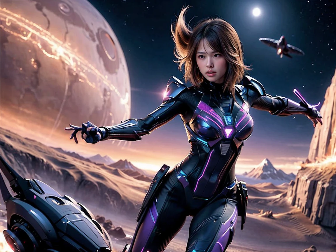 (RAW photo, highest quality), (realistic, Photoreal:1.3), 1 girl、realisticbody、Eggplant pattern battle suit costume、Pyramid-shaped UFO flying from space、avoid missiles、action pose
