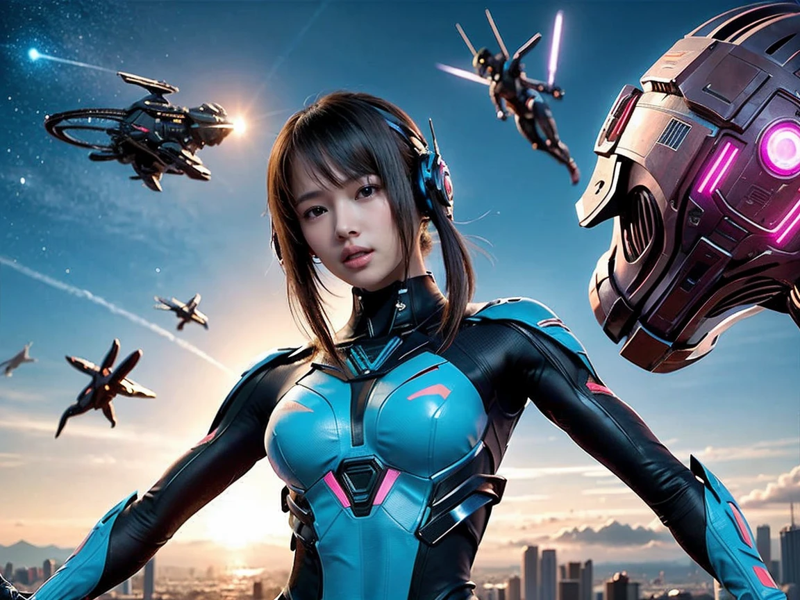 (RAW photo, highest quality), (realistic, Photoreal:1.3), 1 girl、realisticbody、Eggplant pattern battle suit costume、Pyramid-shaped UFO flying from space、avoid missiles、action pose