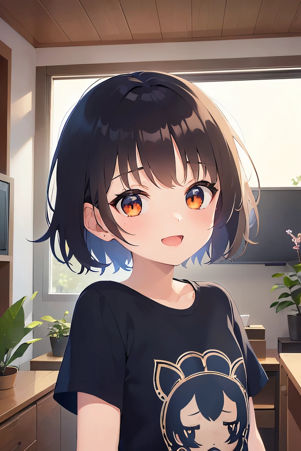 、bob cut, masterpiece、highest quality、 (hair with brown bangs) and (orange eyes) and (5  girl:1.5)、young girl, (blue) and (T-shirt)、smile、open mouth, Are standing、The background is the living room、Upper body is shown、Alone、