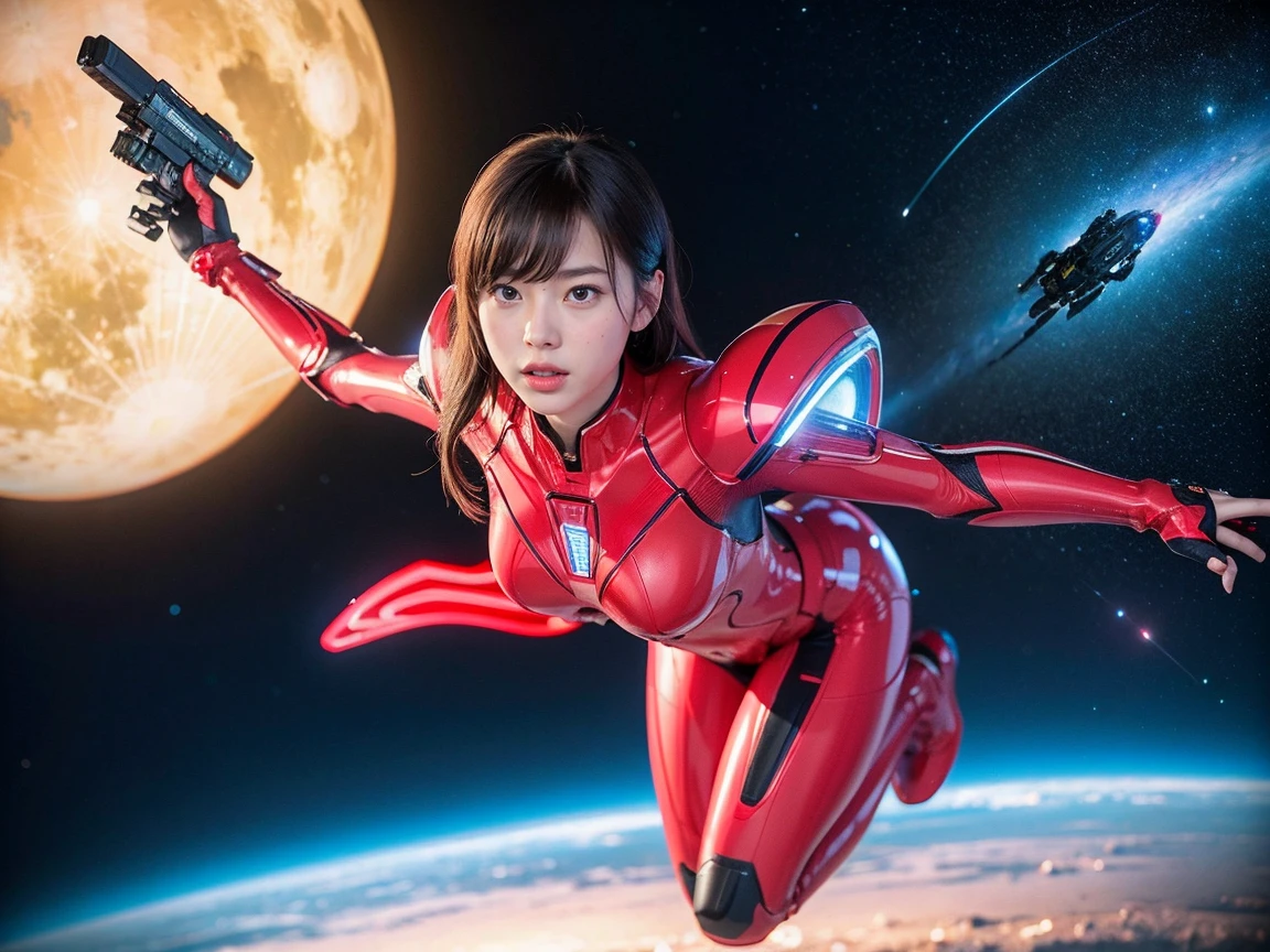 (Raw photo, highest quality), (realistic, Photoreal:1.3), 1 girl、realisticbody、strawberry battle suit costume、Flying in space、avoid missiles、action pose！、crack in costume