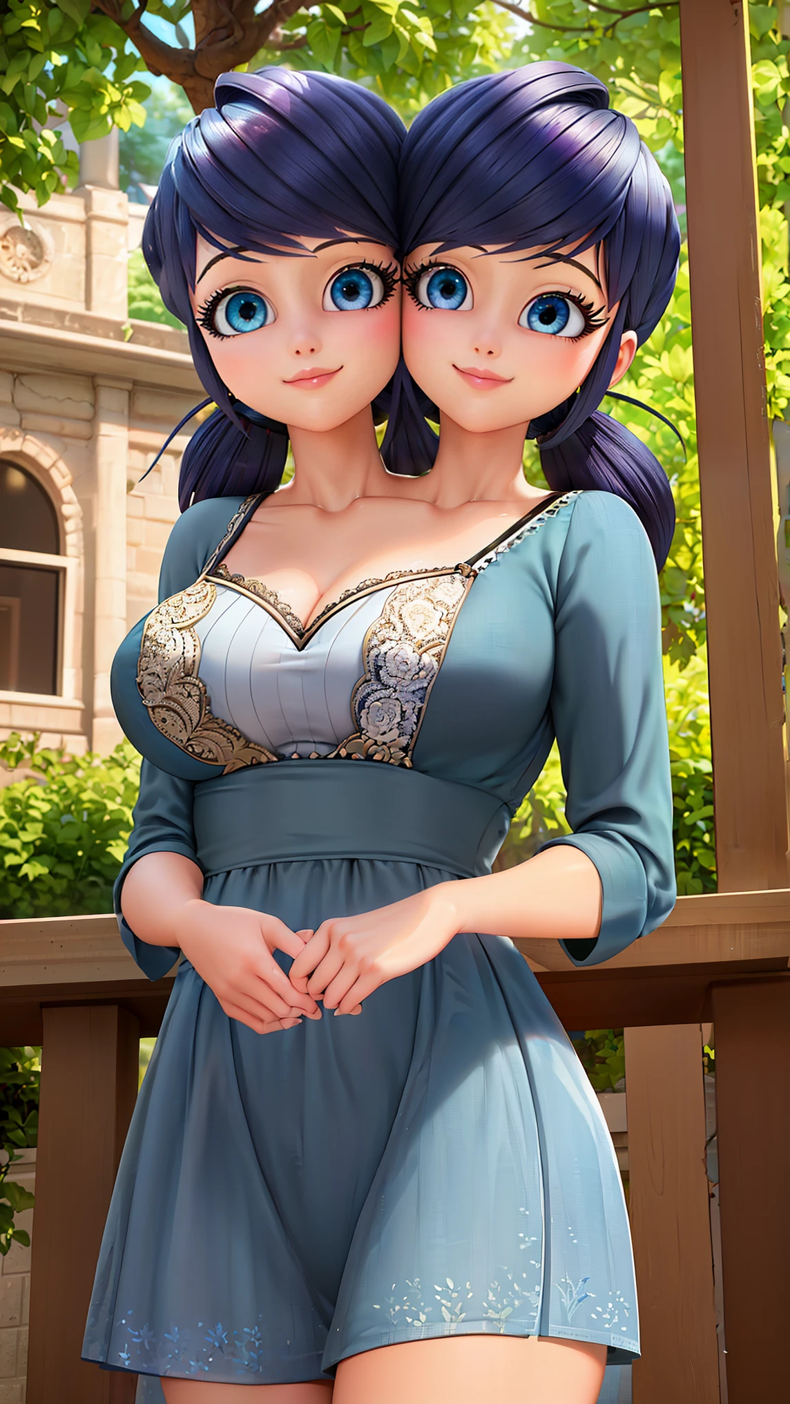 masterpiece, best quality, intricate details, perfect lighting, m4ri woman, 1girl, portrait, short twintails, dark blue hair, bluebell eyes, cowboy shot, outdoors, slight smile, conjoined_dicephalus, (two heads:1.3)