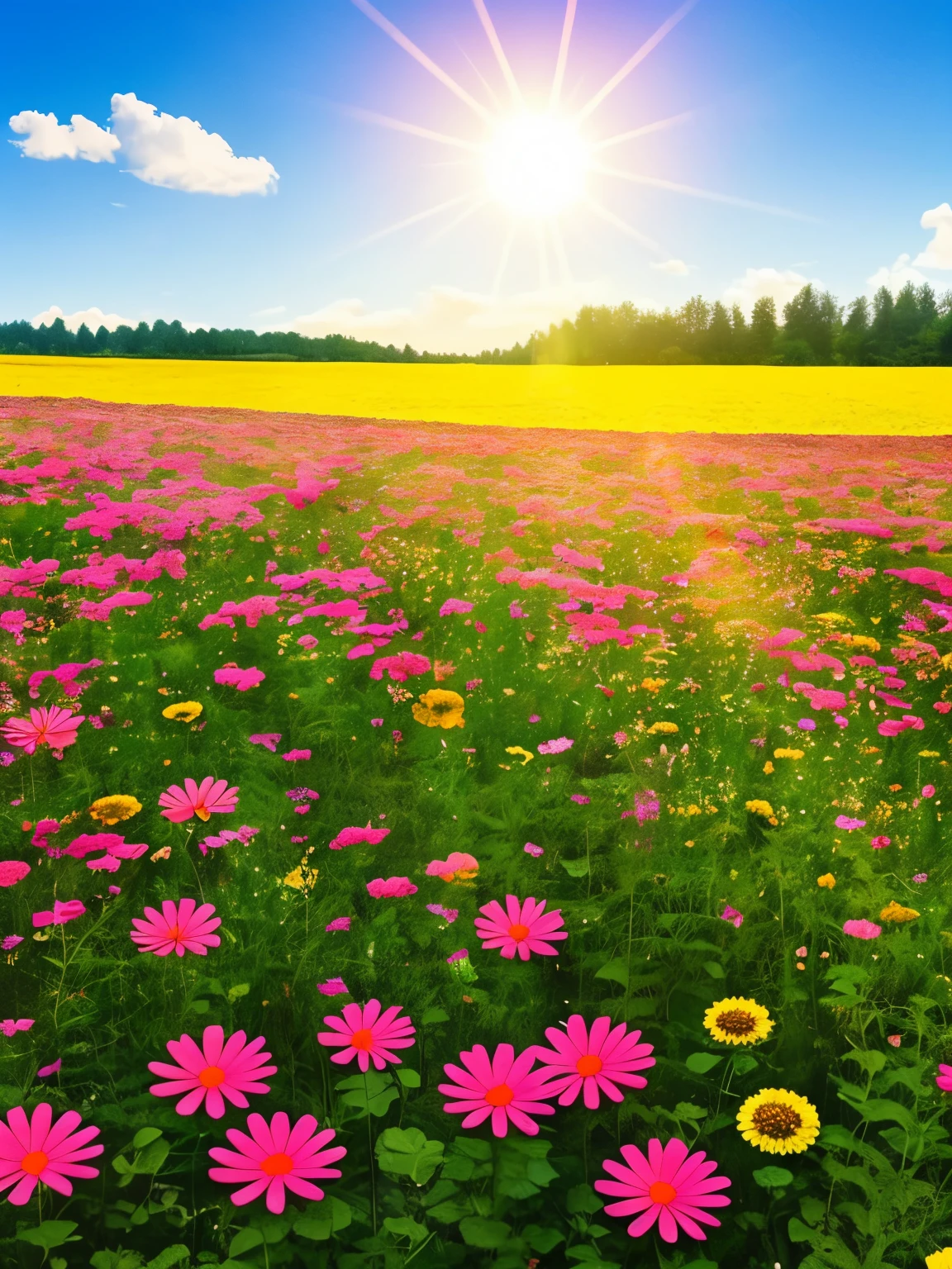 a field of flowers with the sun shining in the background, bright sunny summer day, 🌺 cgsociety, sunny meadow, bright and sunny day, sunny day time, bright summer day, in a sunny day, bright sunny time, beautiful sunny day, on a sunny day, bright sunny day, by Igor Zenin, sunny morning light, beautiful flowers, meadow flowers