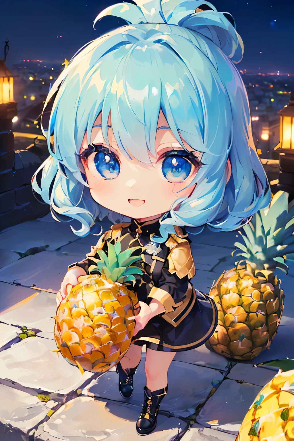  (A cinematic scene、oil、portrait、A piece of miracle:1.5)、(1 person、pineapple、chibi whole body、slim body、inner thigh:1.5),(masterpiece、8k、highest quality、Moe:1.5),(Ultra-detailed retina、super detail eyes、attractive face、chibi makeup、light blue hair、light blue eyes、very detailed pupil、Delicate bristles、short chignon hair:1.4)、(best lighting、best shadow、very delicate and beautiful:1.2)、(night old city background、stone floor、stone wall、pineappleモチーフ:1.4)、(Floral、military chibi:1.3) ,(hair is frizzy、trendy combat uniforms、iron turret、rooftop at night、bootilitary uniform with medals、upper grade、Super close range、Joy full of smiles:1.4)