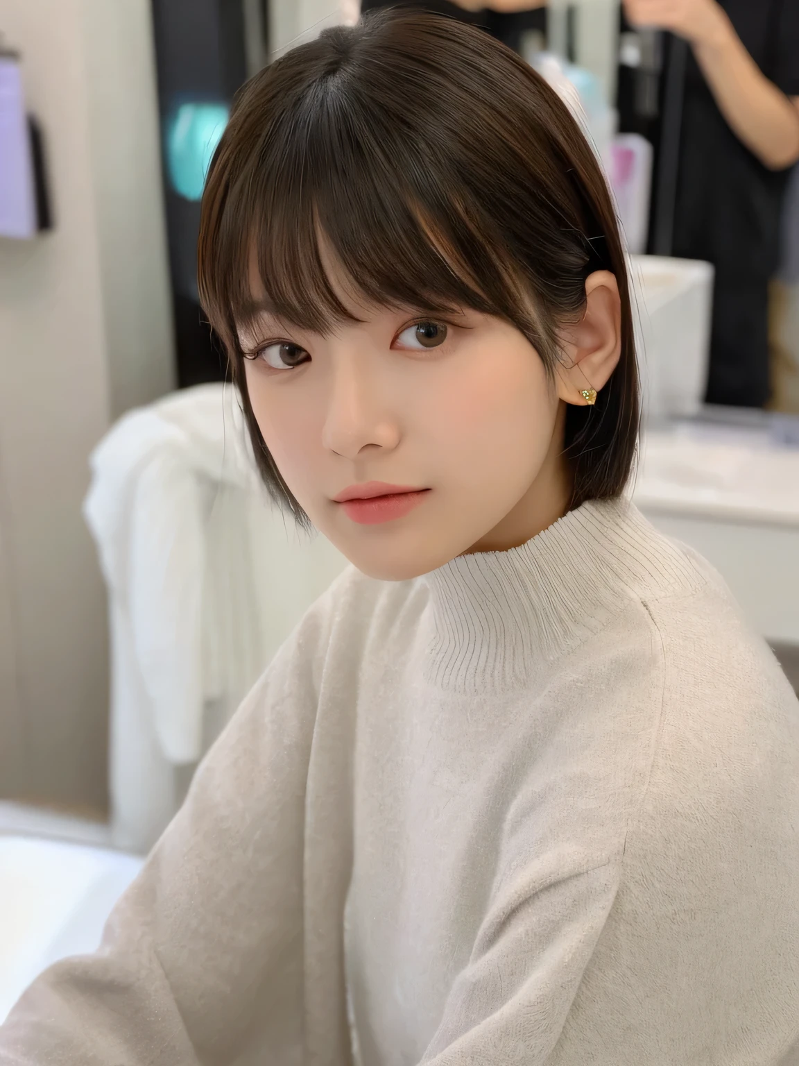 highest quality、超A high resolution、(Photoreal:1.4)、1 girl、、、、、japanese woman、look at the camera、Long sleeve white T-shirt、concrete background、facing the front、Are standing、beaver、woman in her late teens、light bangs、short hair、Salon model style、natural look、leaning against the wall、After styling in a beauty salon、close、highly detailed skin、highly detailed hair texture、