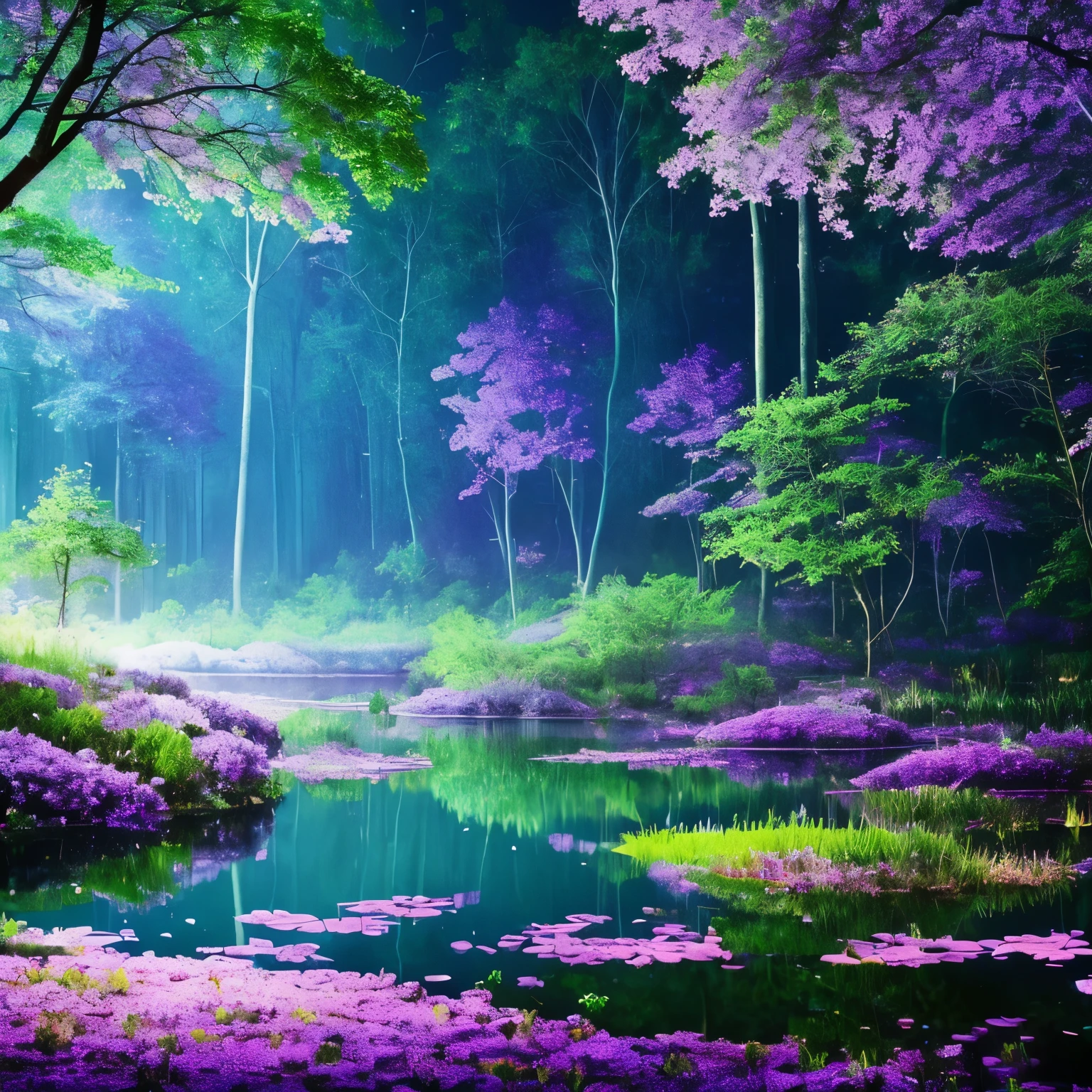 purple flowers are blooming in a forest near a pond, a matte painting by Jaroslava Korol, flickr, conceptual art, glowing purple, dark purple swamp, magical forest in the background, mystical forest lagoon, soft purple glow, in serene forest setting, purple glow, magical forest, magical fantasy forest, extremely beautiful and ethereal, very magical and dreamy