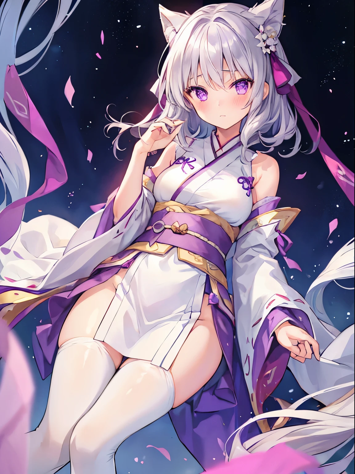 1girl , Silver medium hair, purple eyes, cute, blush, medium breasts, Hanfu, tights is visible, No underwear