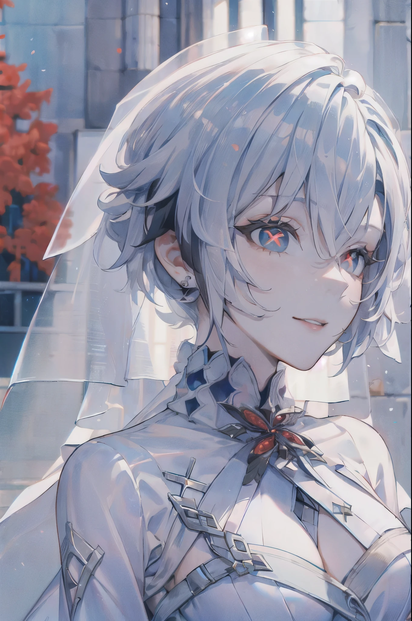 UHD, ccurate, masterpiece, anatomically correct, textured skin, super detail, best quality, 16k, 1080P,SOLO,(1 Female,perfect body, white short hair with a long low ponytail,light smile),(blue eyes:1.7)(red x-shaped pupils:1.7),(wearing A White low-cut wedding dress:1.7),(Wearing white gloves:1.4),(Wearing a white veil:1.7),(Close-up),(Upper focus:1.7), (in a church),(Genshin Impact/Arlecchino),(Magazine Cover)
