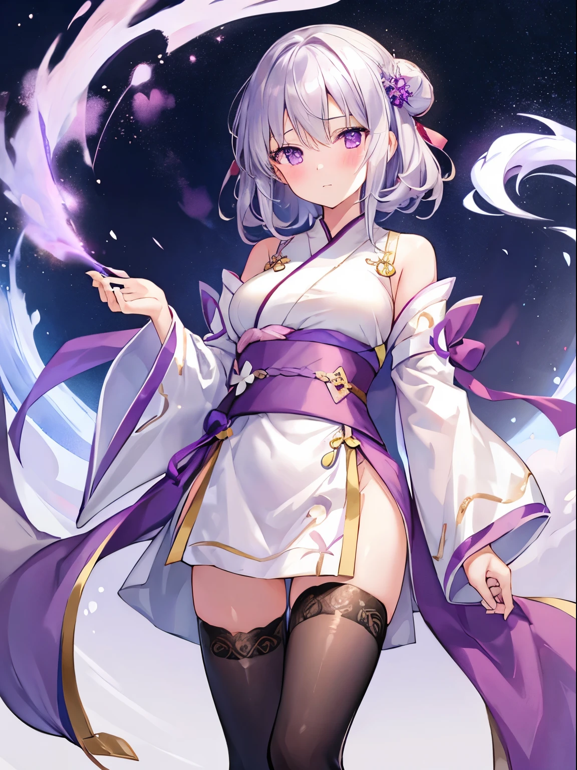 1girl , Silver medium hair, purple eyes, cute, blush, medium breasts, Hanfu, tights is visible, No underwear