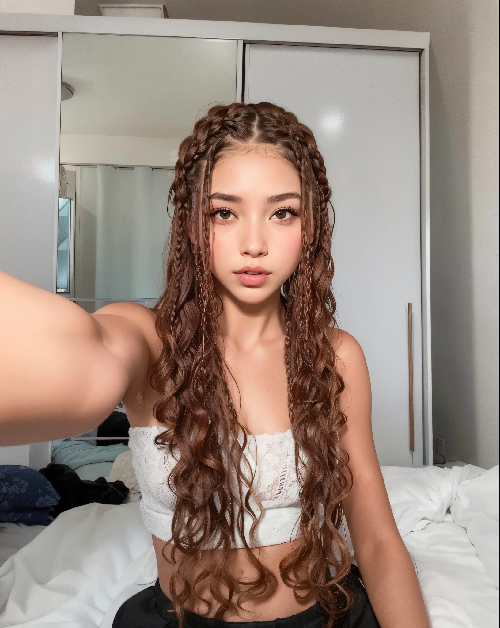 hay una mujer con el pelo largo y un top blanco en una cama, pelo largo y rizado trenzado, long curly brown braided hair, woman with braided brown hair, red intricate trenzas largas, cabello rizado color cobre, trenzas largas, trenzas retorcidas, Trenzas De Caja, con piel morena, pelo largo trenzado en la parte superior de la cabeza, Retrato de Sophie Mudd, cornrows braids