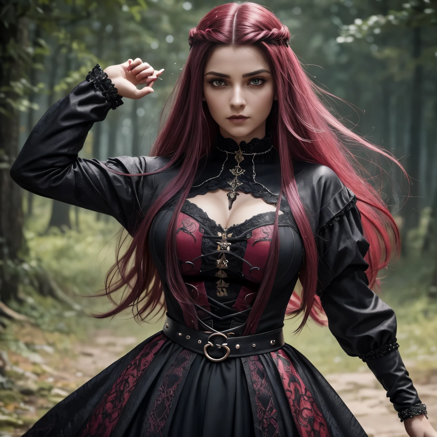 Mulher, medusa, (Feudal Middle Ages:1.1), Slavic appearance, (longo liso roxo gradiente de cabelo pro vermelho), (Olhos vermelhos), (look of strong expression), batom roxo, pele clara, (Black Gothic clothes with red details:1.1), Yellow scales on the hands, cinematic lighting, mystical atmosphere, Dynamic focus, ultra realidade, ultra realistic, ultra qualidade, real, Textura real:1.1, Roupas realistas:1.1, 8k insanos,  Absurdo,