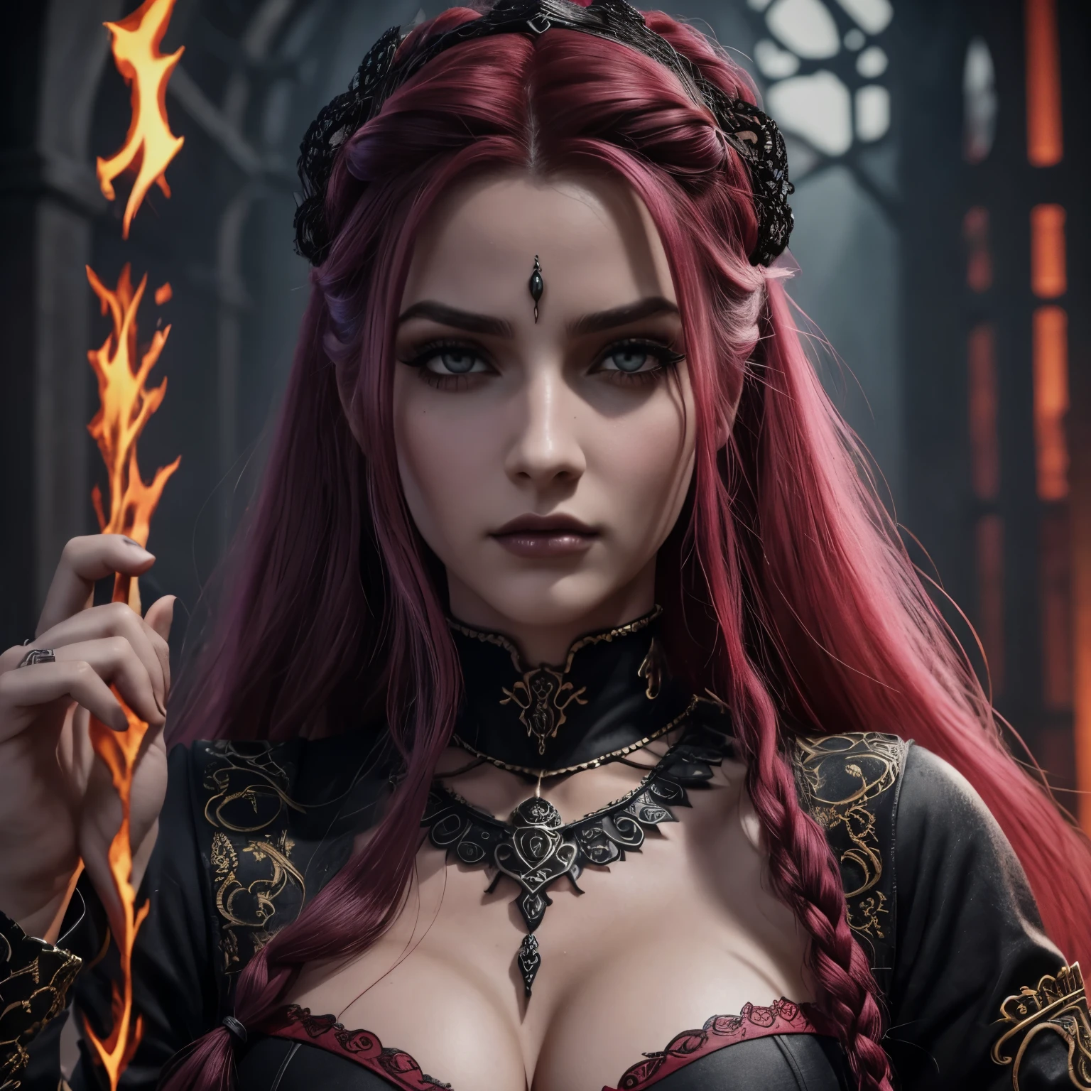 Mulher, medusa, (Feudal Middle Ages:1.1), Slavic appearance, (longo liso roxo gradiente de cabelo pro vermelho), (Olhos vermelhos), (look of strong expression), batom roxo, pele clara, (Black Gothic clothes with red details:1.1), Yellow scales on the hands, cinematic lighting, mystical atmosphere, Dynamic focus, ultra realidade, ultra realistic, ultra qualidade, real, Textura real:1.1, Roupas realistas:1.1, 8k insanos,  Absurdo,