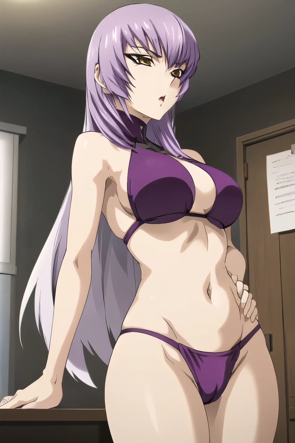 Kouzuki Yuuko in a purple bikini, covered in snow, jaw dropping beauty, jaw-dropping beauty, sexy girl, busty, goddess, instagram model, babe, perfect white haired girl, perfect angle, stacked, looking hot, cold but beautiful, stunning lines