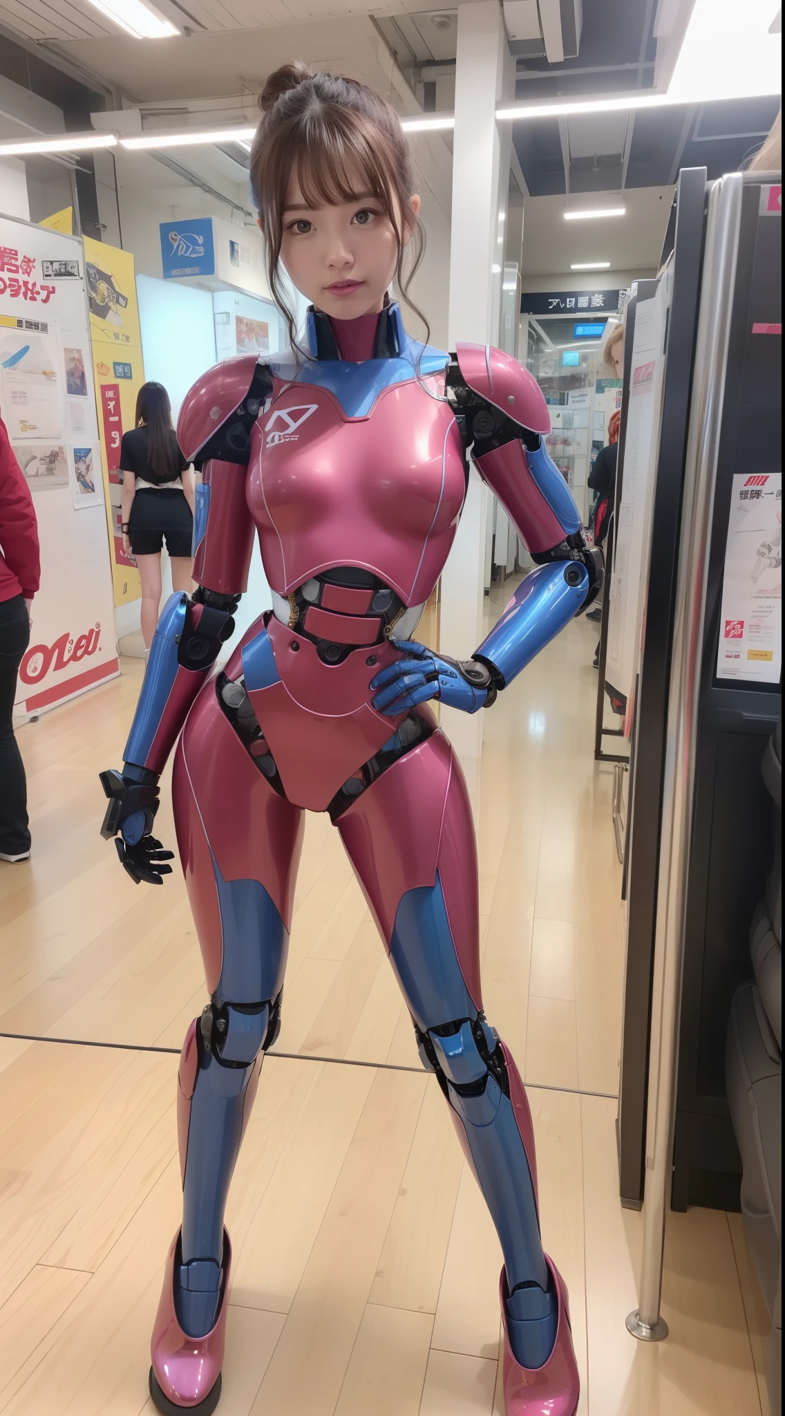 (Photorealsitic:1.4)、one robot woman、(top-quality)、(hyperdetailed face)、(Super well-formed face)、(Robot Parts)、(Female-Robot)、(25 years-old)、(Blue)、(pink there)、(Burgundy)、(metallic)、(full-body)、(sexy pose)、(Slender body)、(Model body type)、(full body mech)、(mechanical exposure)、(Akihabara)、(is looking at the camera)、(A brown-haired)、(Well-proportioned body)、(a small face)、(a small head)、(well-groomed fingers)、(Idol)、(front facing)、(Standing with legs open)、(Photo session)、(Looks sad)、(perfect-female-robot)、(perfect-mechanical-body)