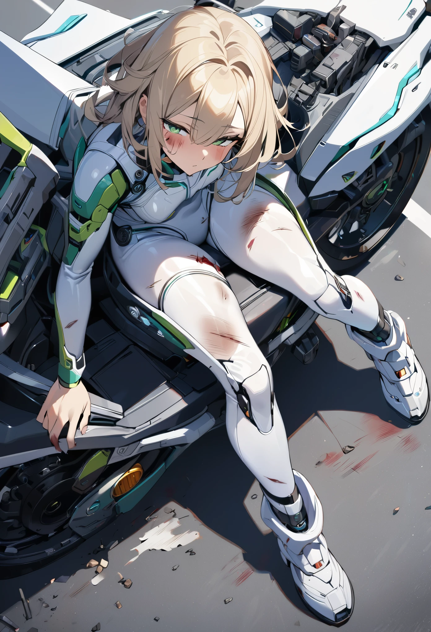 1girl,Sala,original,solo,green eyes,blonde hair,white body suit,half closed eyes,scratches,bleeding,battle damaged,siting on road,sit on the back of the bike,depth of field,full body,Science fiction,ultra-detailed,sharp focus,(best quality)