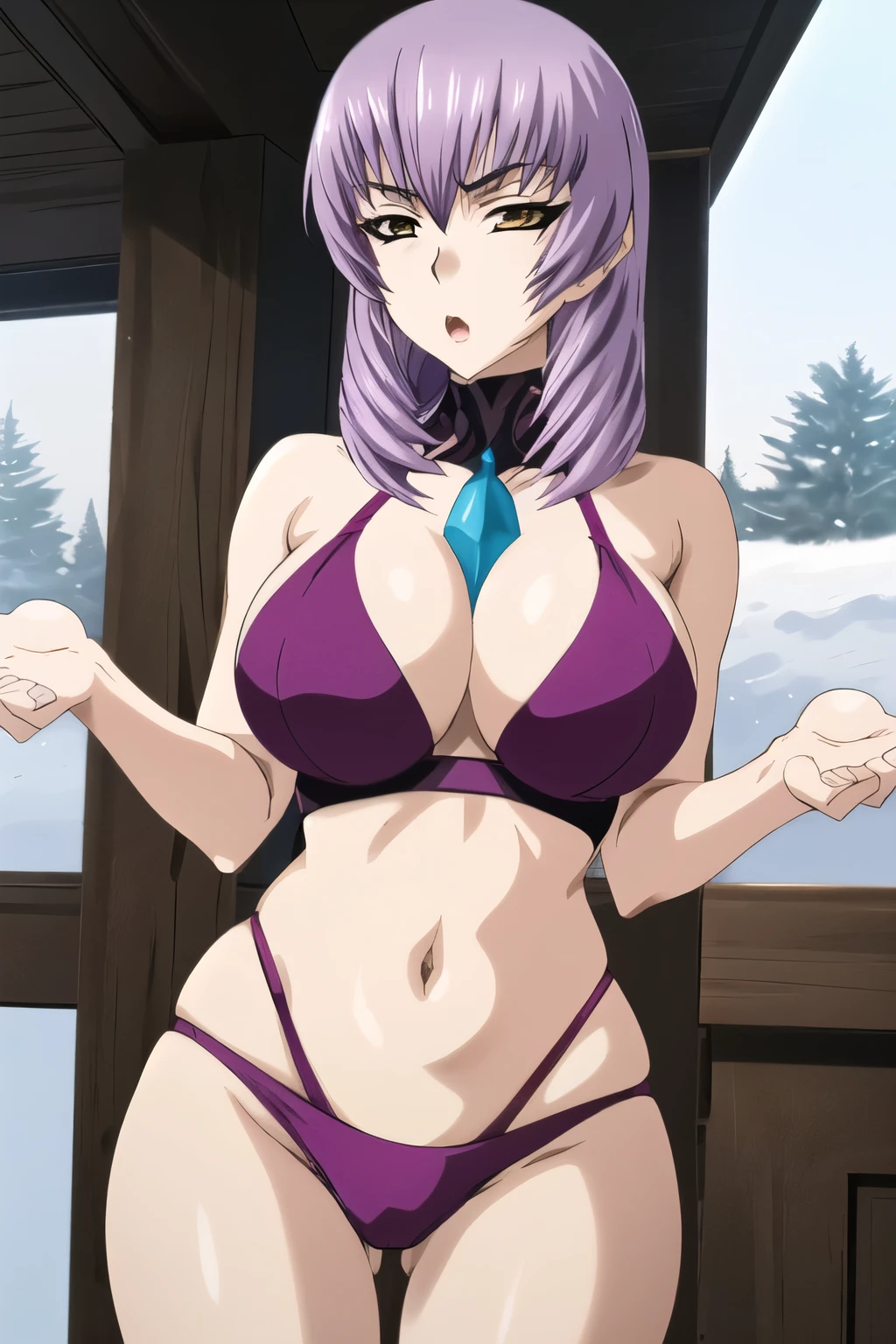 Kouzuki Yuuko in a purple bikini, covered in snow, jaw dropping beauty, jaw-dropping beauty, sexy girl, busty, goddess, instagram model, babe, perfect white haired girl, perfect angle, stacked, looking hot, cold but beautiful, stunning lines