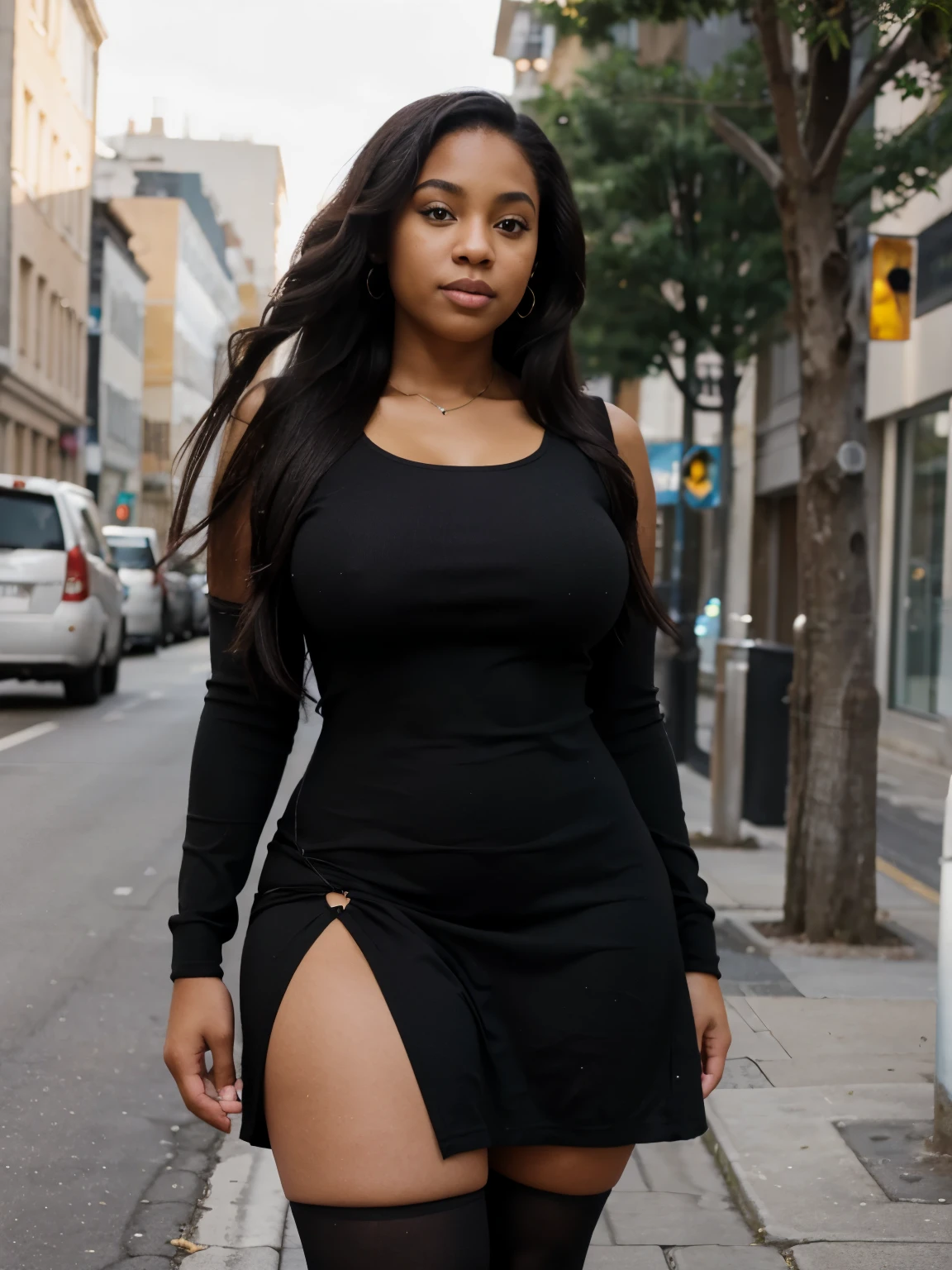 Mixed black ethnicity, curvy girl , wearing short dress and tights  , long hair