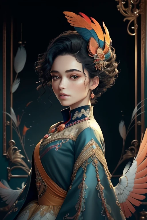 ) ((((novo personagem) ((Mikey)) - Criador: Walt Disney2023) ), ,, (Get ready to be amazed by a woman like no other - her hair is not made of strands, but of delicate feathers that create a stunning visual effect. Two birds heads are attached to her head, their beaks adding a touch of regalness to her already striking appearance. Her black hair adds a touch of contrast to the bright orange feathers, and the beaks on both birds heads are a unique detail that adds to her overall charm. She's wearing a stylish dress that accentuates her full figure, and she appears to be floating gracefully. Arte Oficial, Beautiful and Aesthetic,