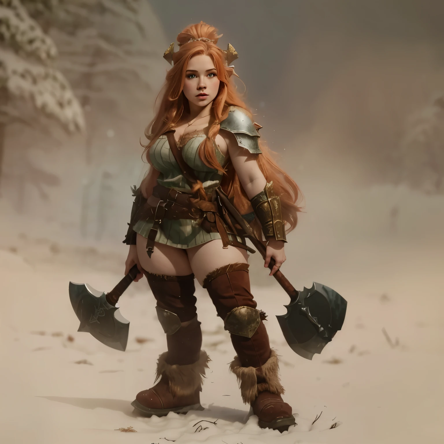 Really pretty sexy dwarf girl fantasy art, in the deep ice and snow, evergreen forest in snow background, fair reddish pale blonde hair, dressed in ancient fantasy dwarf girl attire, very sexy seductive pose, large_breast, big_booty, knobby boots throwing axe and war hammer, fantasy background forest village scene, Masterpiece