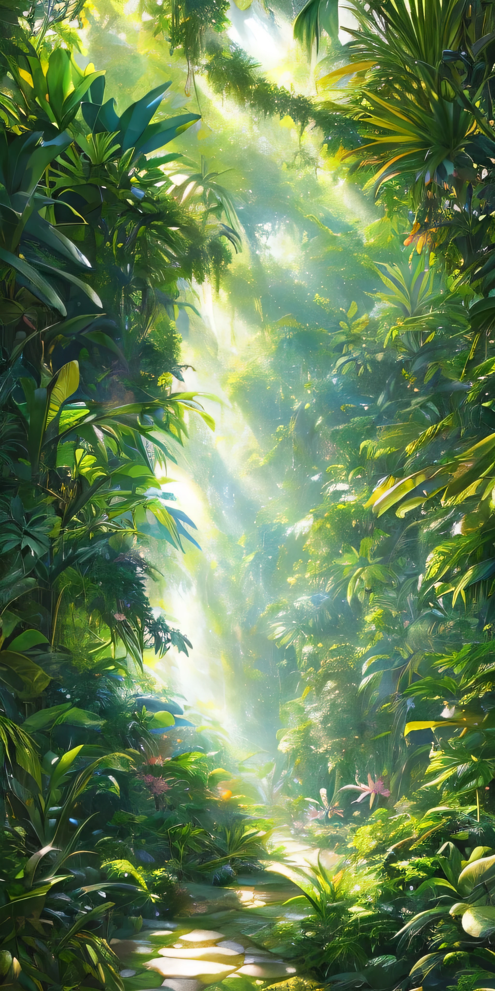 Digital illustration, detailed and intricate, of a dense jungle filled with exotic plants and animals, the sunlight filtering through the canopy creating a dappled effect. In the style of Yoshitaka Amano and Hayao Miyazaki, masterpiece, proportional, detailed, trending on artstation, beautiful lighting, realistic, intricate, award winning, 4k, highest quality