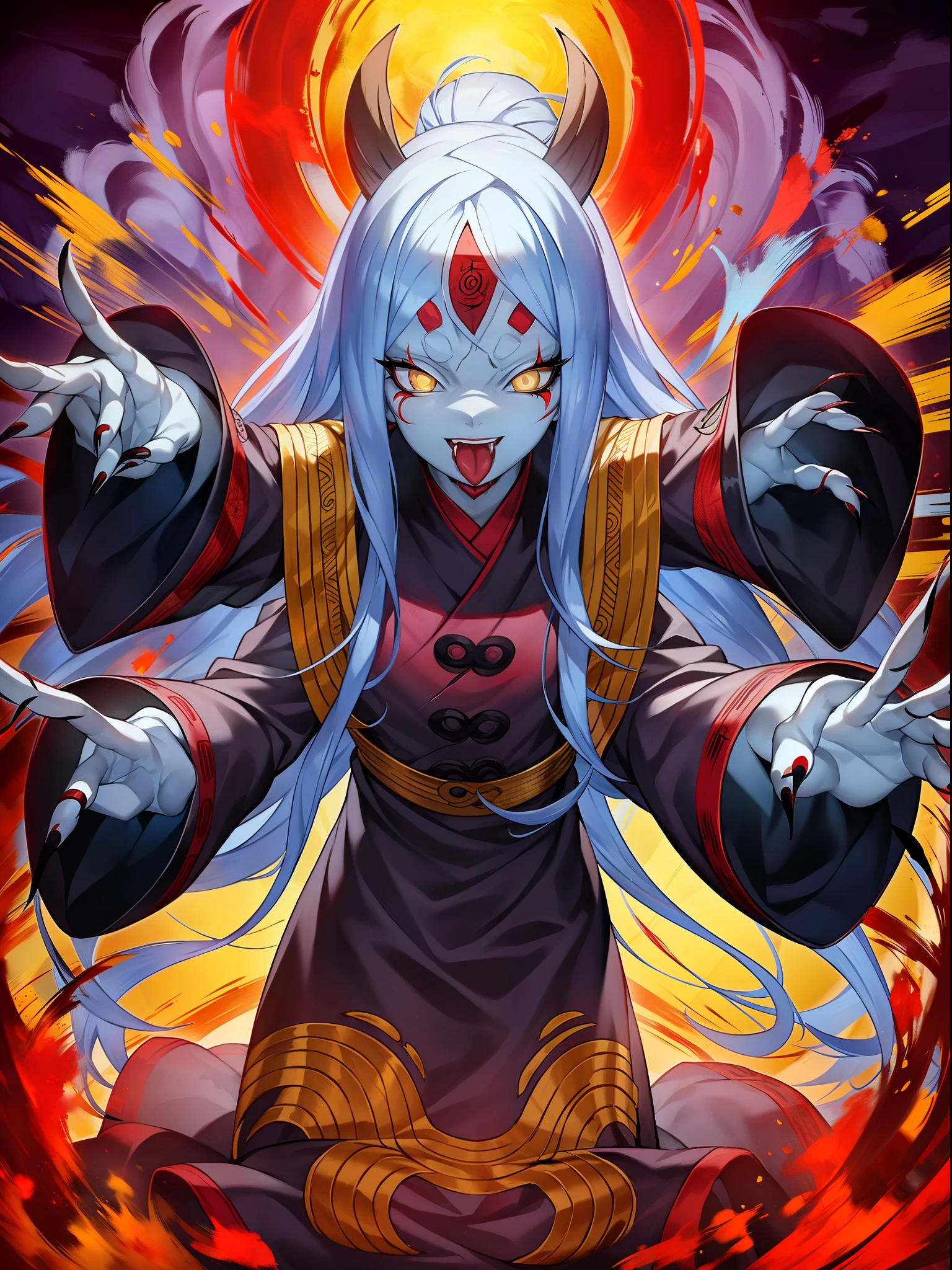 Jiangshi, yellow eyes, stick out tongue, colored skin, Zombie Pose, black sclera, ofuda, long nails, Vivia, 1 girl