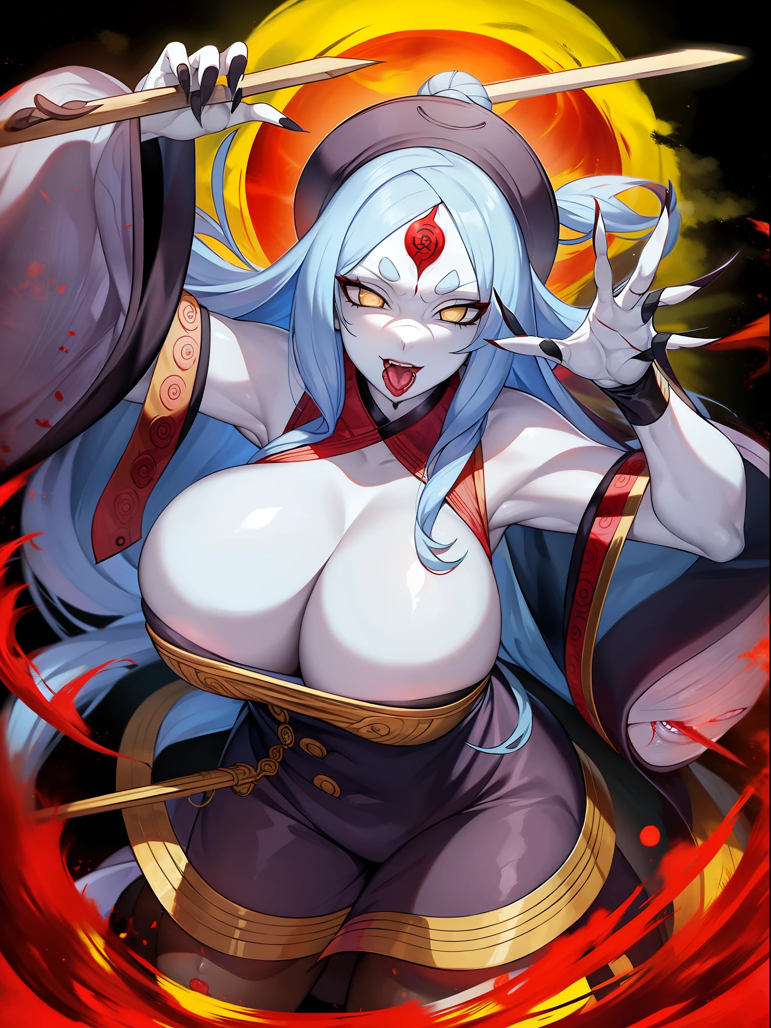 Jiangshi, yellow eyes, stick out tongue, colored skin, Zombie Pose, black sclera, ofuda, long nails, Vivia, big tits milf、big tits milf、