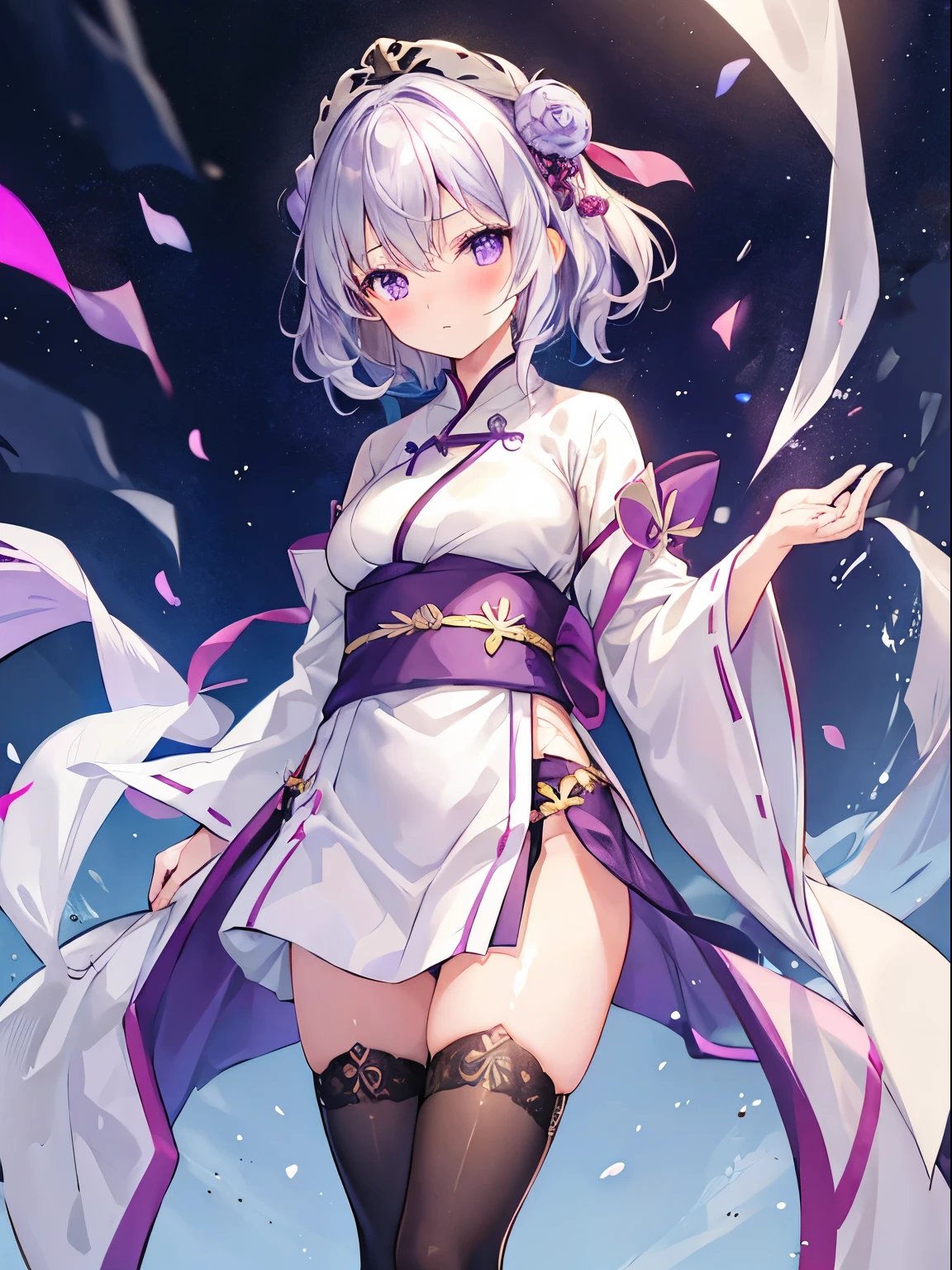 1girl , Silver medium hair, purple eyes, cute, blush, medium breasts, Hanfu, tights is visible, No underwear