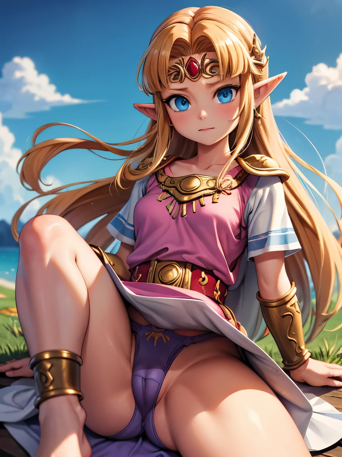 Zelda, the legend of Zelda, Realista, melhor qualidade, ultra-high resolution, cameltoe, dress, feet, pantsu, pointy ears, skirt lift
