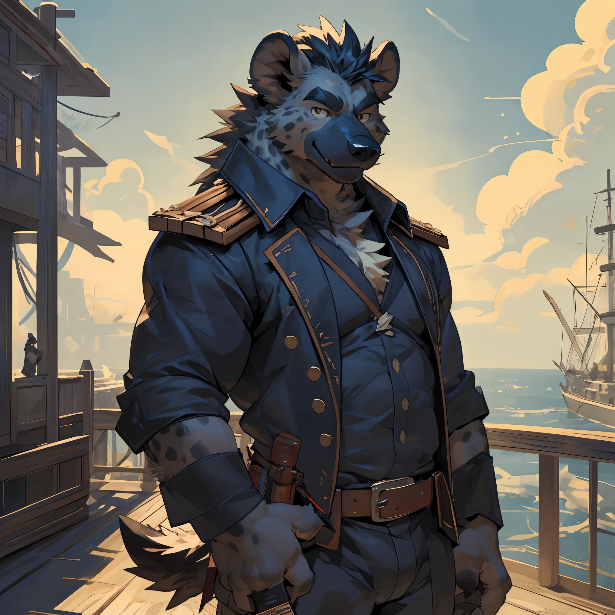 (detailed background:1.2),(sky,cloud,ship,flyingcraft, pirate gang ,torn costume,open shirt, few sweat,bad guy),(rewarding, masterpiece ,best quality ,high quality, shaded, 8K, impactful composition ,close look),(kemono,furry,anthro),(by darkgem, by sindenbock, by taran fiddler, by burnbuckie, by nezumi, by sindoll),(anthro Hyenas male with Slim figure , fluffy body:1.4),(from_below, foreshortening, close-up,(((fashion pose))),correct hand,(((holding knife))),(fierce, smug, tongue out),((correct eyes)),(((bad guy, villain)))