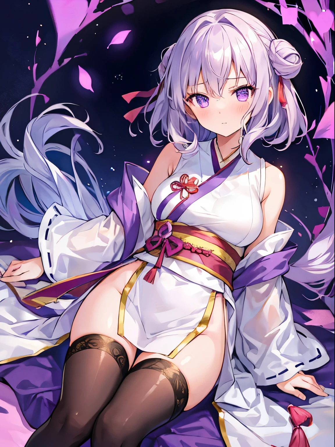 1girl , Silver medium hair, purple eyes, cute, blush, medium breasts, Hanfu, tights is visible, No underwear