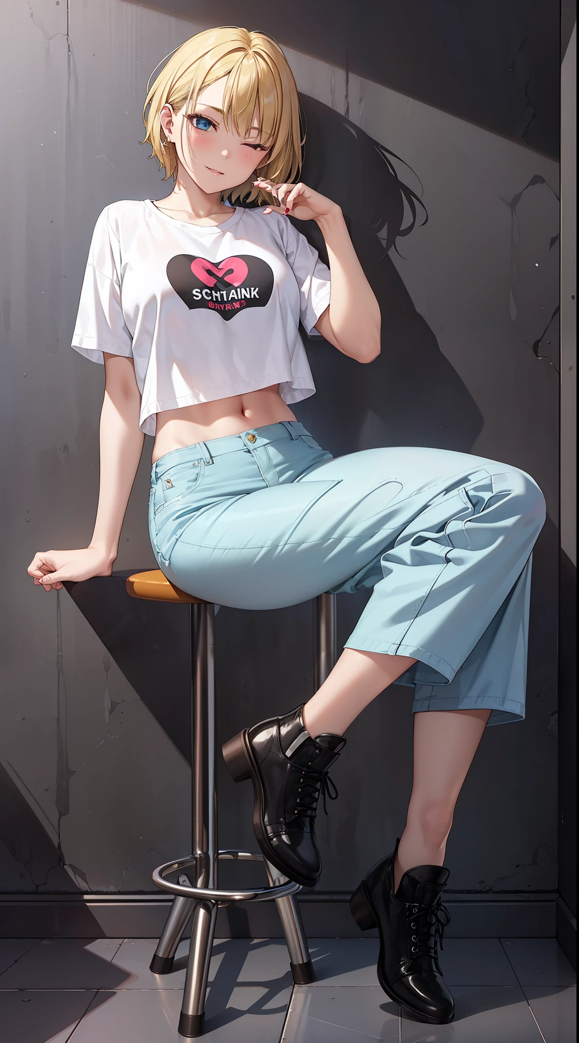 (8K, original photography, best quality,)a girl,20 years old,(blonde short hair,Thick hair),slim body,((The legs are thin and straight)),((White midriff-baring short sleeves,Low-rise wide-leg denim trousers,roomy denim trousers)),black leather shoes,(full-body shot),Scissorhands pose,wink