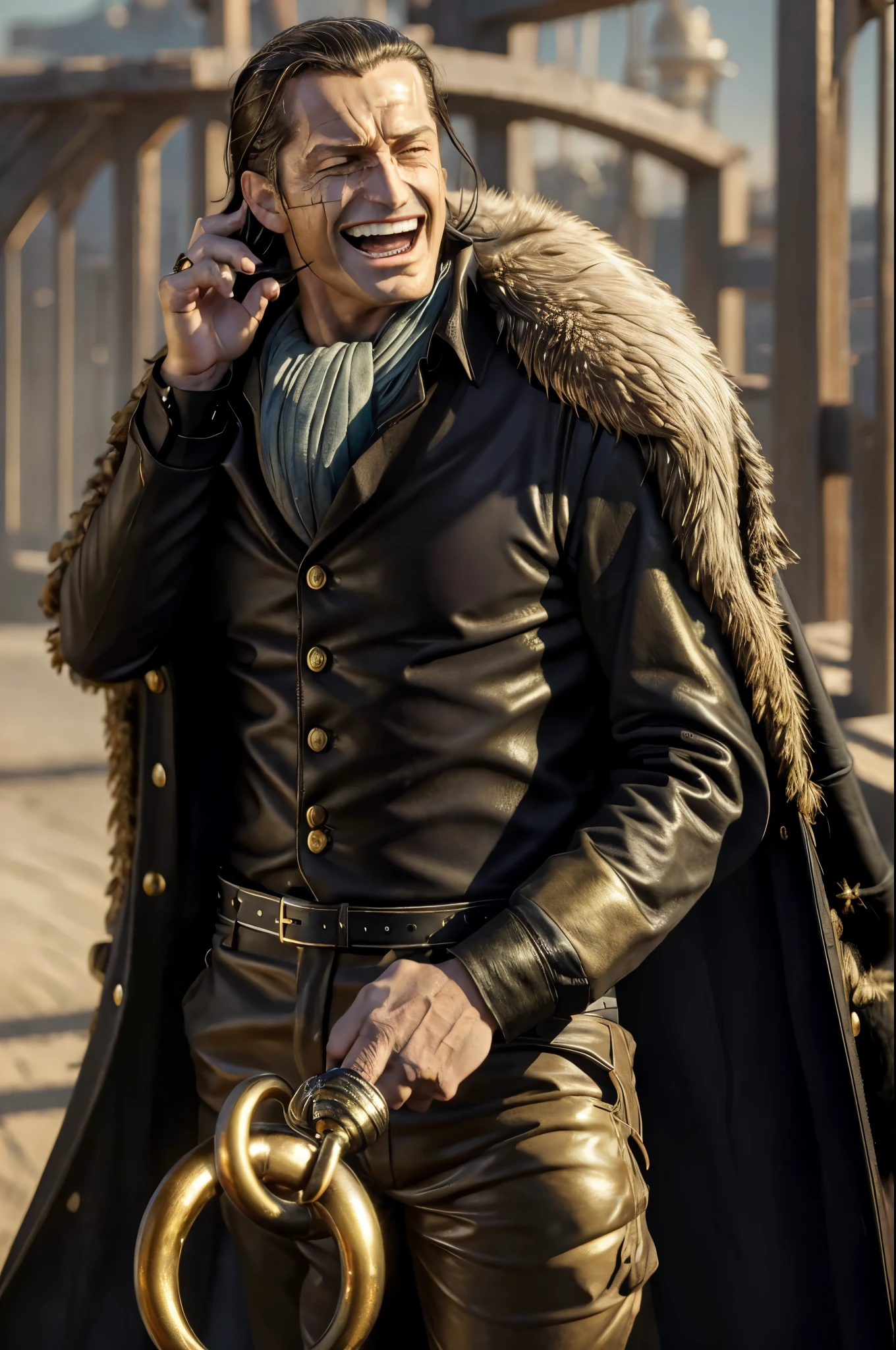 masterpiece, best quality, extremely detailed, hyperrealistic, photorealistic, a cool 40s man, ultra detailed face:1.2, fur-trimmed coat, scarf around the neck, his left hand is a golden pirate hook:1.1, laughing, on battleship sea
