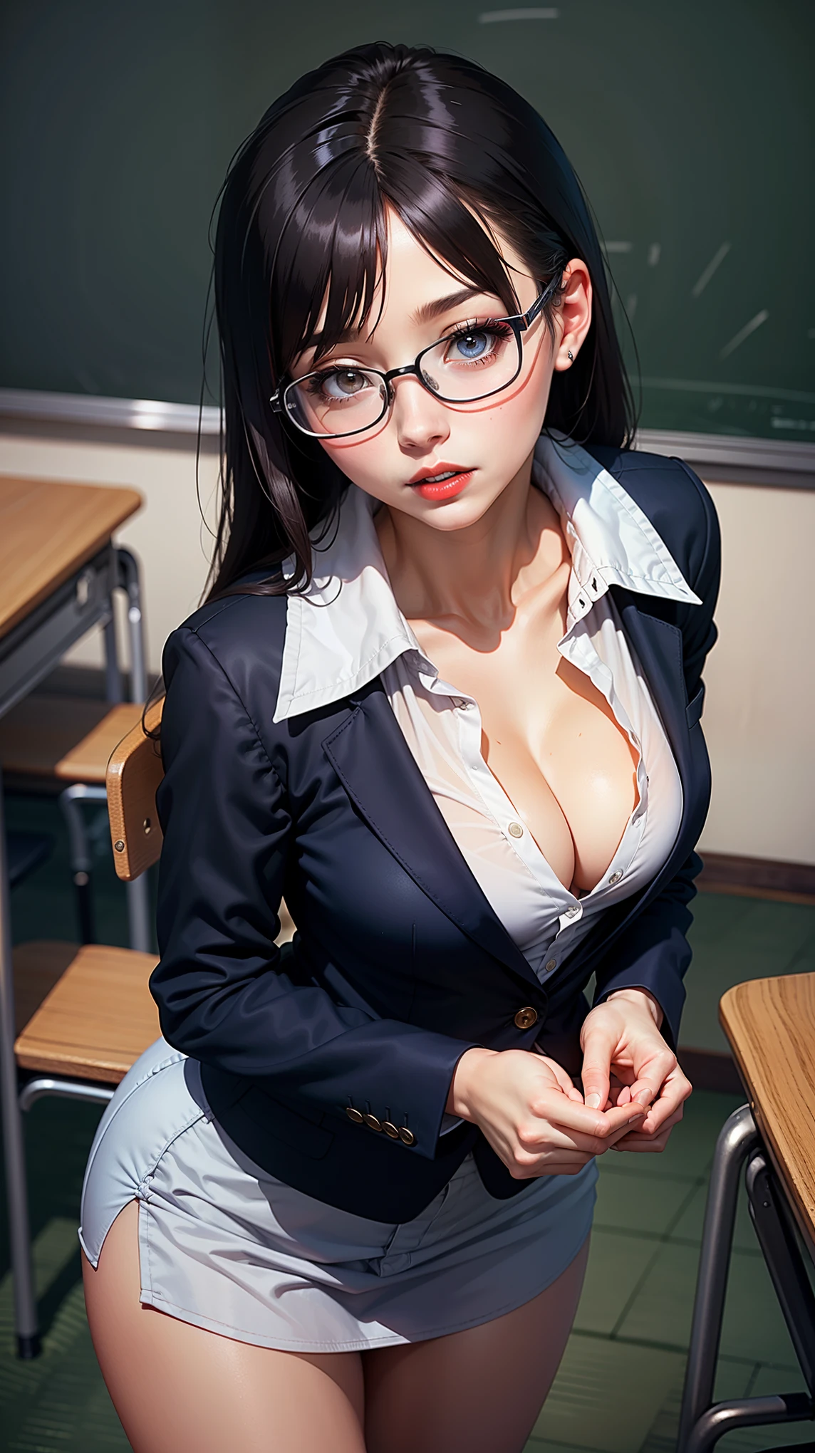 Masterpiece, high quality, 8k, ultra detail, school, cleavage, standing, teacher outfit, dynamic poses, dynamic angle, beauty, (35 years old:1.5), glasses, red lips, teacher,