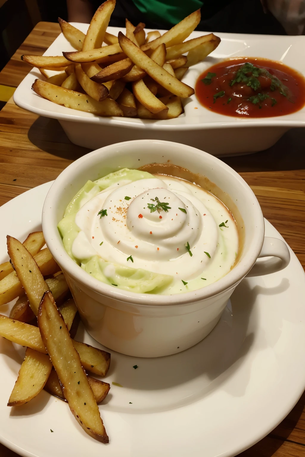 um prato de batatas fritas e pote dolado com ketchup e maionese