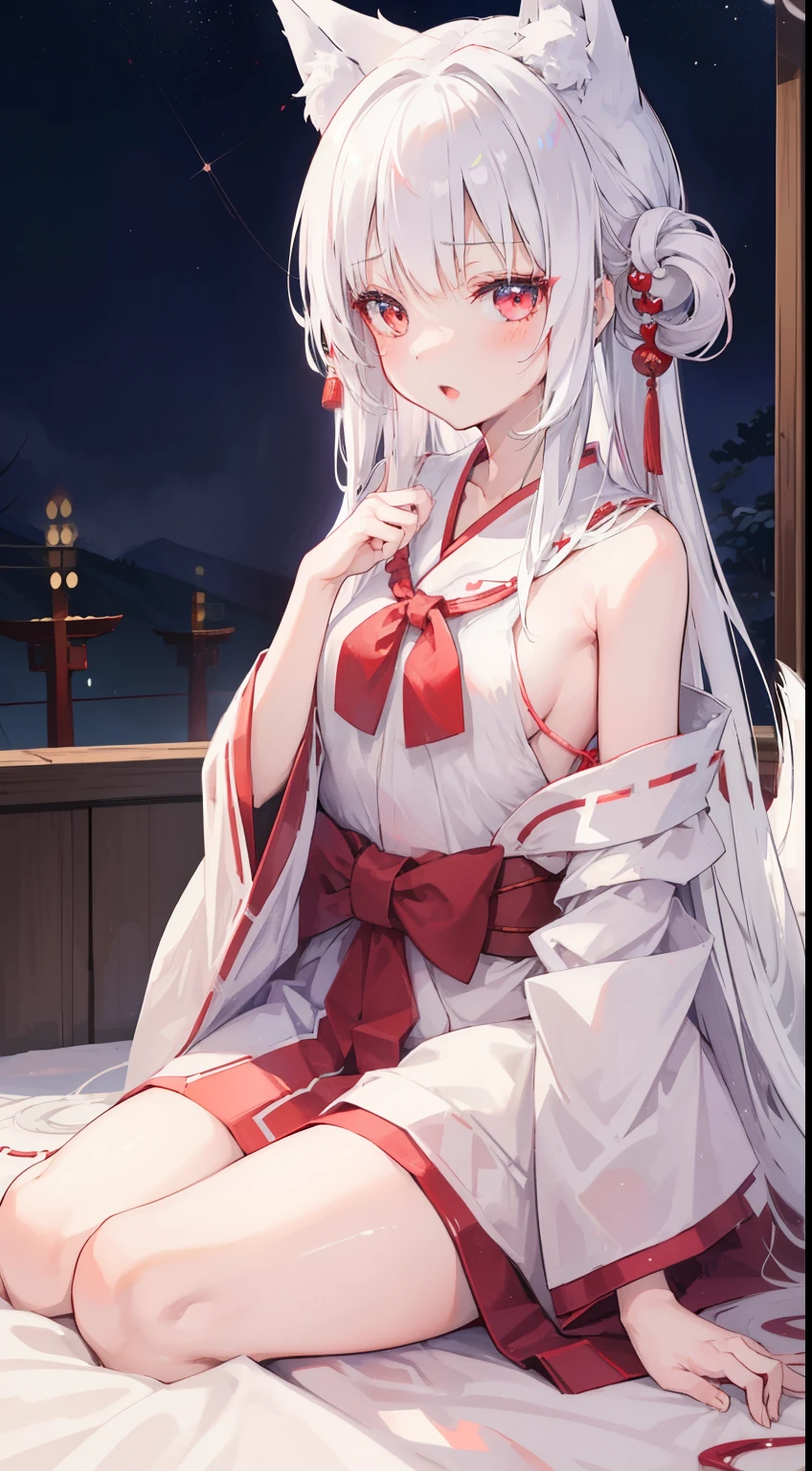 one girl, cute, shrine maiden, slender, beautiful, standing, (innocent), fox's ear, love me, white hair, midnight, mysterious, happy, love me, close to girl, sitting on bed, kiss me, ecstatic, open mouth, blush, melting kiss, look at me, true love, girl want to kiss more, be dazed